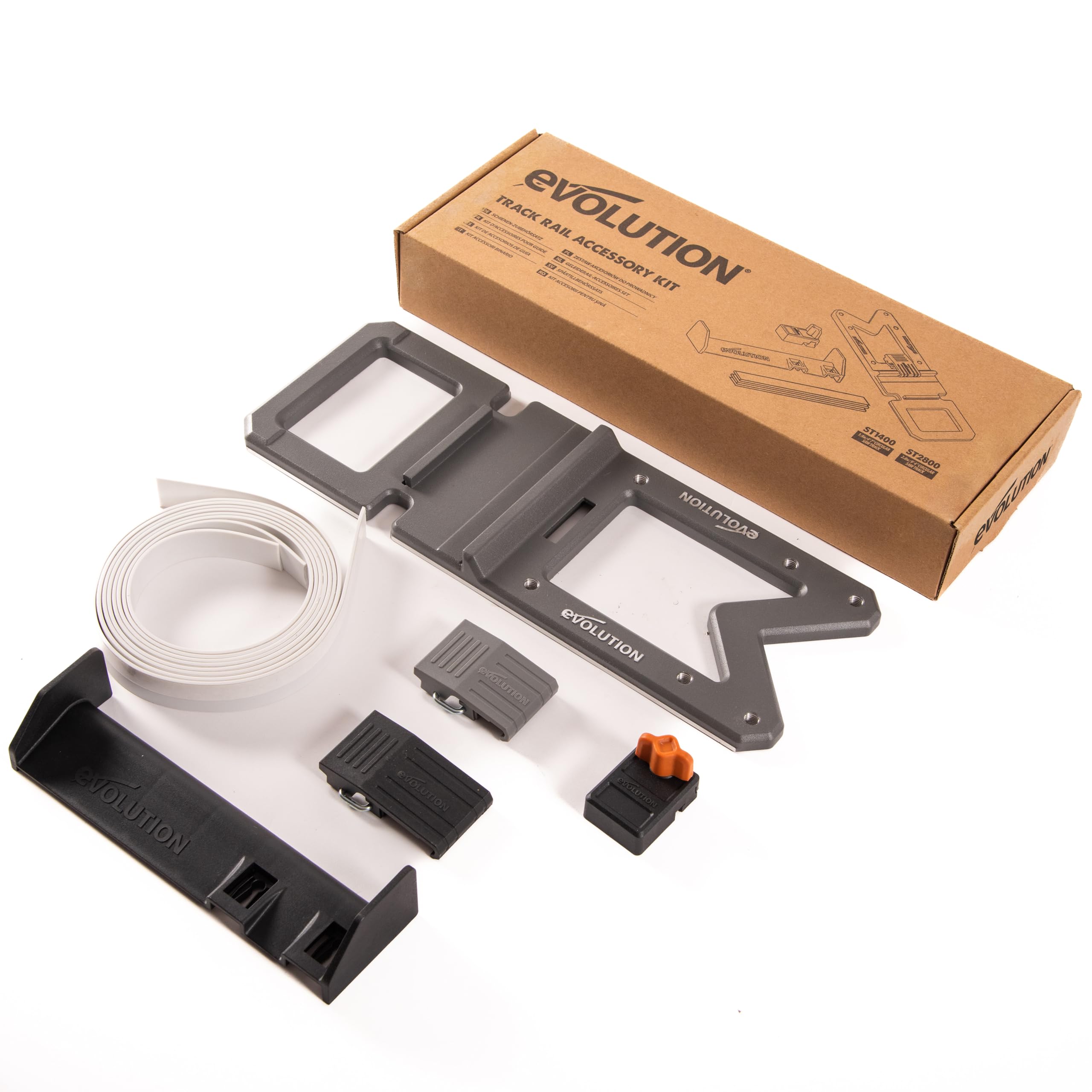 Evolution Power Tools Track Accessory Kit, Circular Saw Guide Rail Accessory Kit: 1 x Cable and Hose Guide, 1 x Track Square, 1 x Saw Stop, 2 x 1.4M Cutting Strips