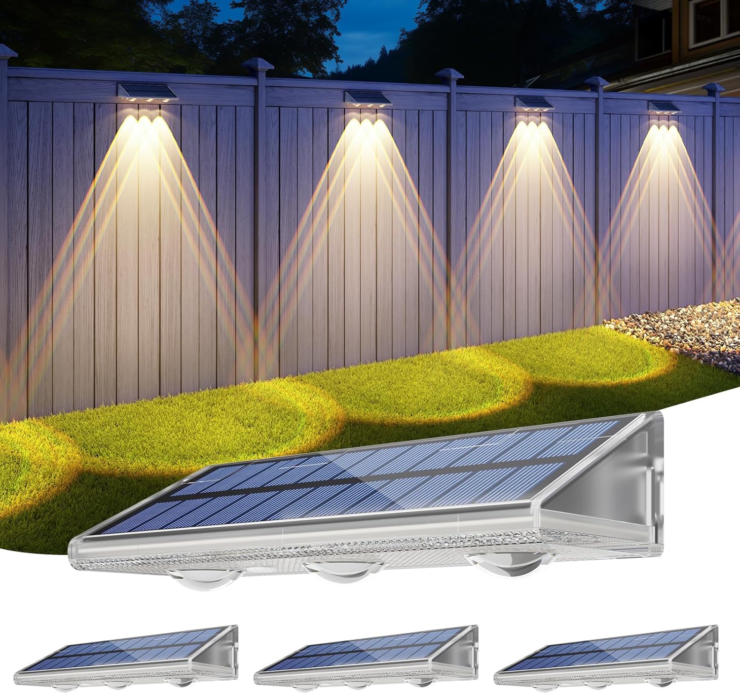 Yilaie Solar Fence Lights Outdoor-IP67 Waterproof 3000K/4500K/6500K,High Brightness LED Fence Lights Solar Powered,Solar Wall Light for Outside Backyard/Railing/Step/Patio/Stair Railings/Pool （4 Pack）