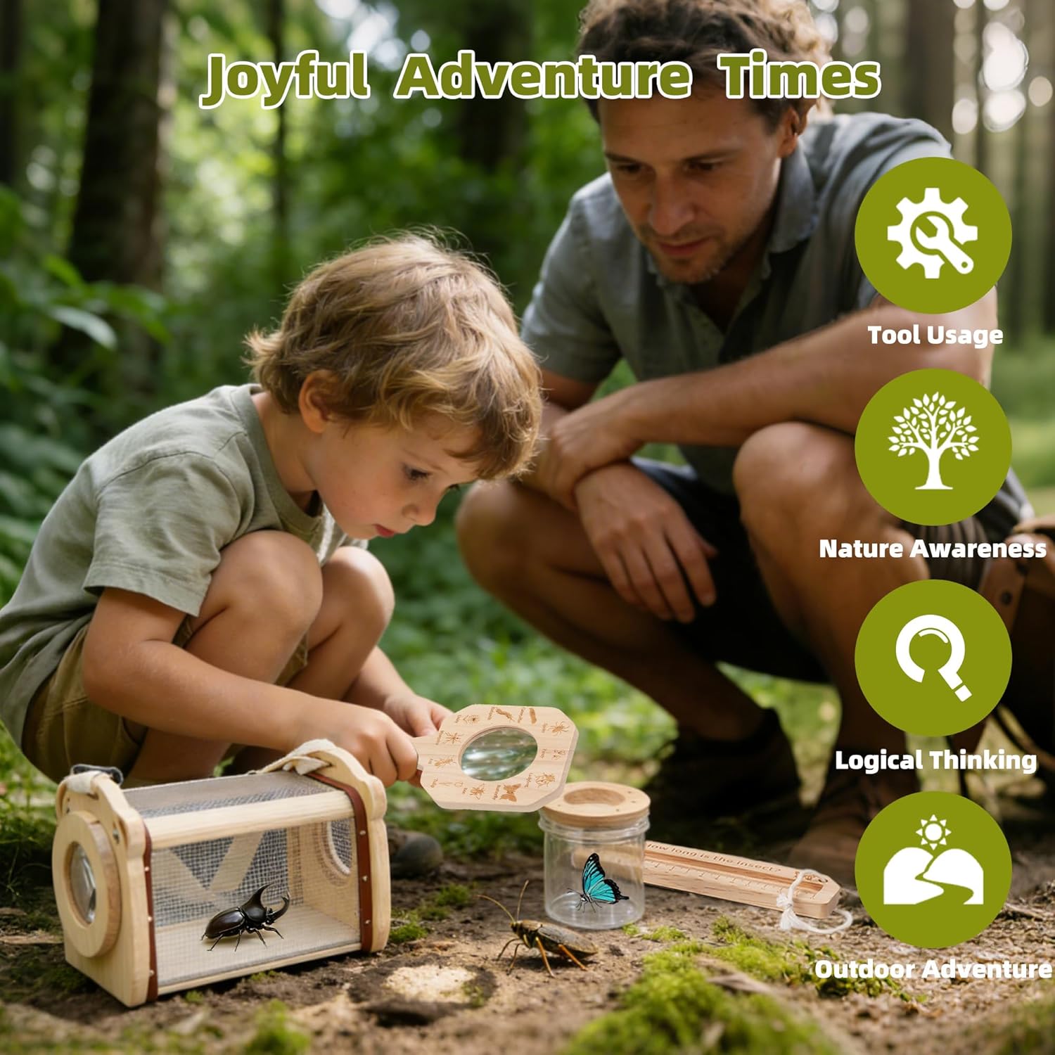 Wooden Bug Catcher for Kids, Outdoor Explorer Bug Catching Kit with Butterfly Kit, Bug Habitat & Magnifying Glass, Adventure Set for Backyard & Camping, Outdoor Toys for Toddlers 3+ Years