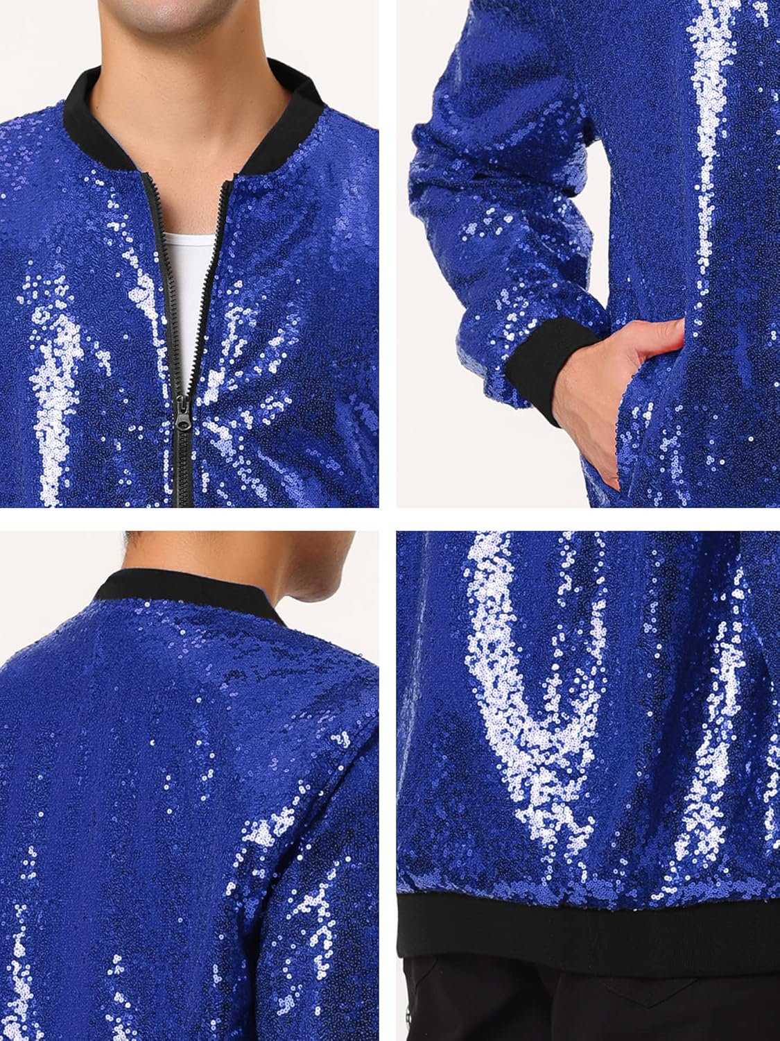 Lars Amadeus Men's Varsity Jacket Halloween Party Disco Shiny Sparkly Glitter Bomber Sequins Jacket - Image 6