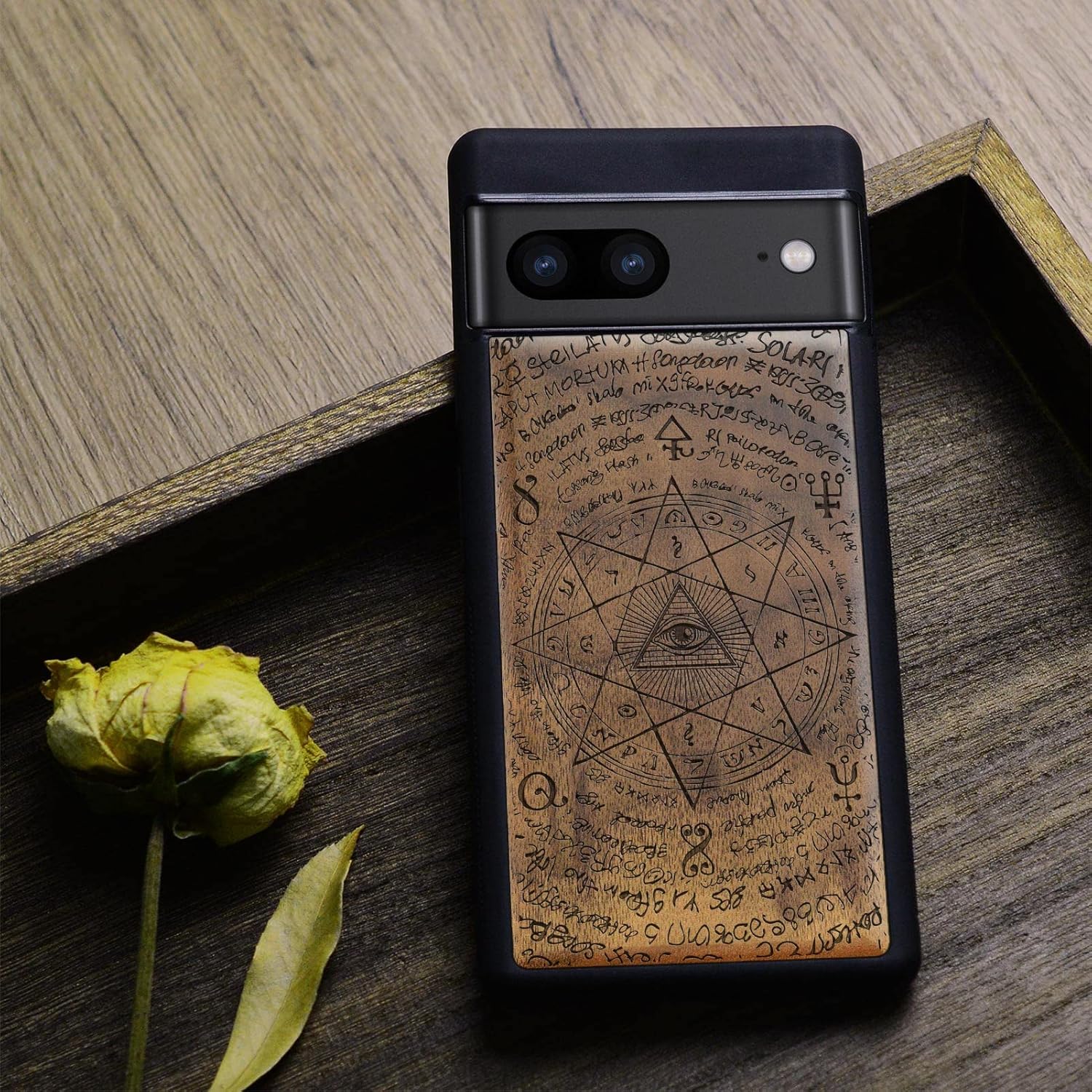 Carveit Wood Case for Pixel 7 Case [Natural Wood & Black Soft TPU] Shockproof Protective Unique & Classy Wooden Cover Compatible with Google Pixel 7 (All-Seeing Eye-Walnut)