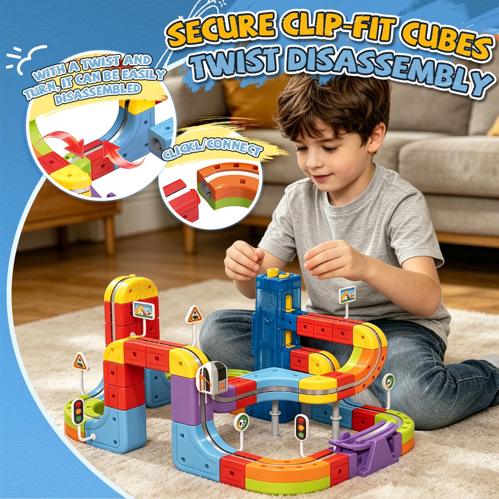 YESHIN Eisenbahn Elektrisch Cube Track Mit Aufzug, Clickrail Electric Train Set, DIY Zugstrecken-Set mit Schwerkraft Defying 3D-Layouts, Eisenbahn Kinder Elektrisch Geschenk für Kinder ab 3 Jahren