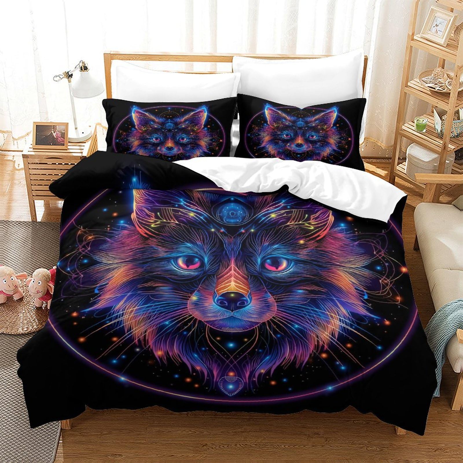 Housse de couette 3 pièces imprimé 3D Fox avec parure de lit microfifre