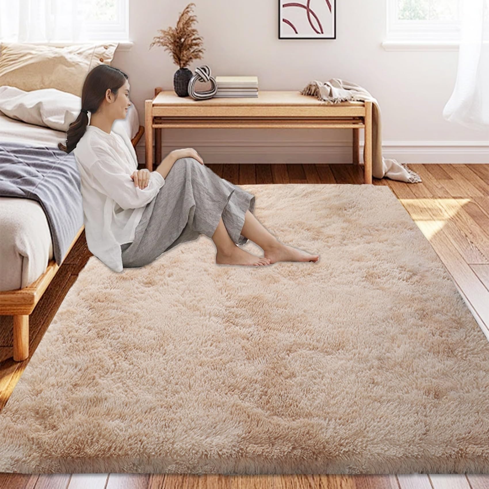 CUIMEI Pelo Largo Alfombra 185 x 210 cm, Súper Grueso Lavable a Máquina Duradero, Antimanchas,Resistente a La Humedad, para Pasillo Habitación Alfombras Peludas, Beige