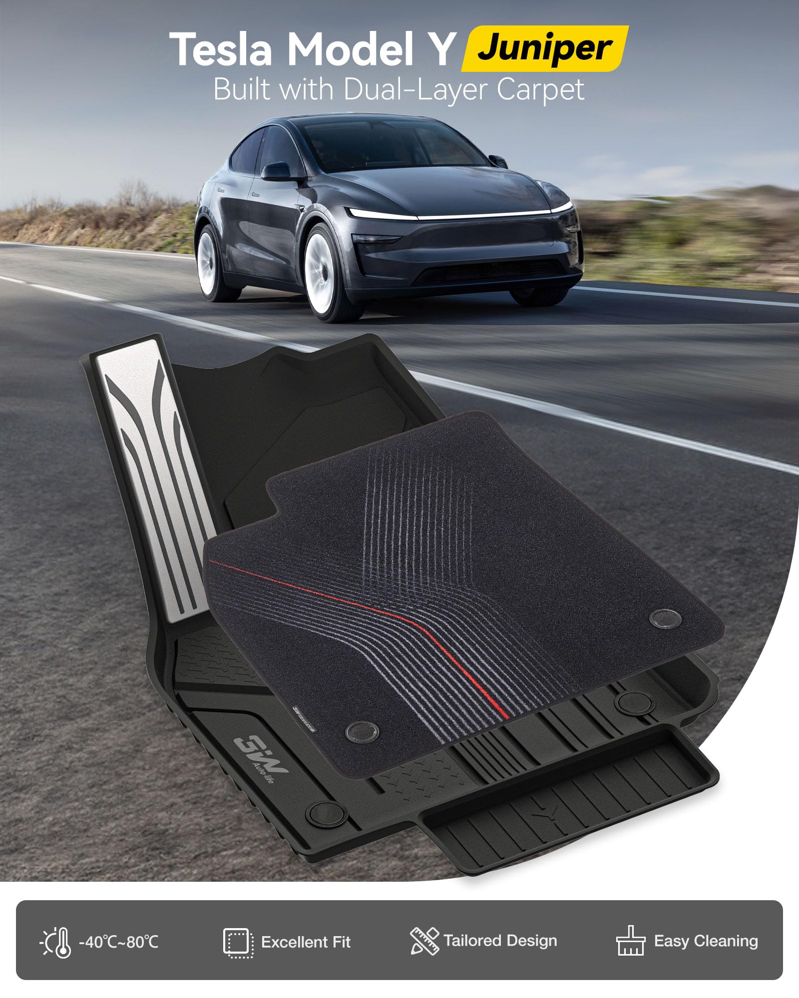 3W dywaniki z metalowym pedałem i StarTrail dywaniki samochodowe dla Tesli Model Y Juniper Premium/Performance/Standard 2025-2026, Thorex™ całoroczne, dostosowane dywaniki i wykładziny podłogowe
