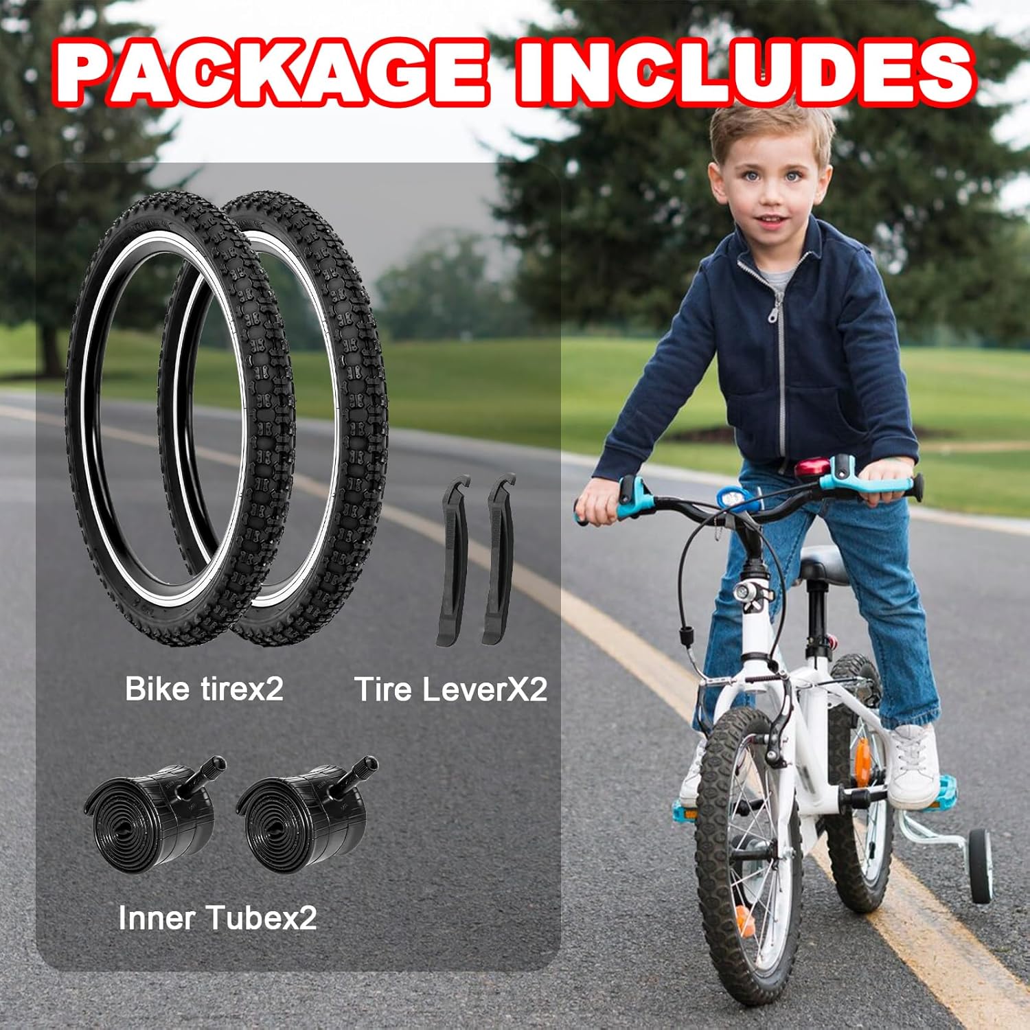 2-Pack 26x1.95/24x1.95/20x2.125 Inch Mountain Bike Tires, Off-Road Bicycle Replacement Folding MTB Tires Set, Schrader Valve Bike Tubes, Bicycle Tire Levers and Tire Liners