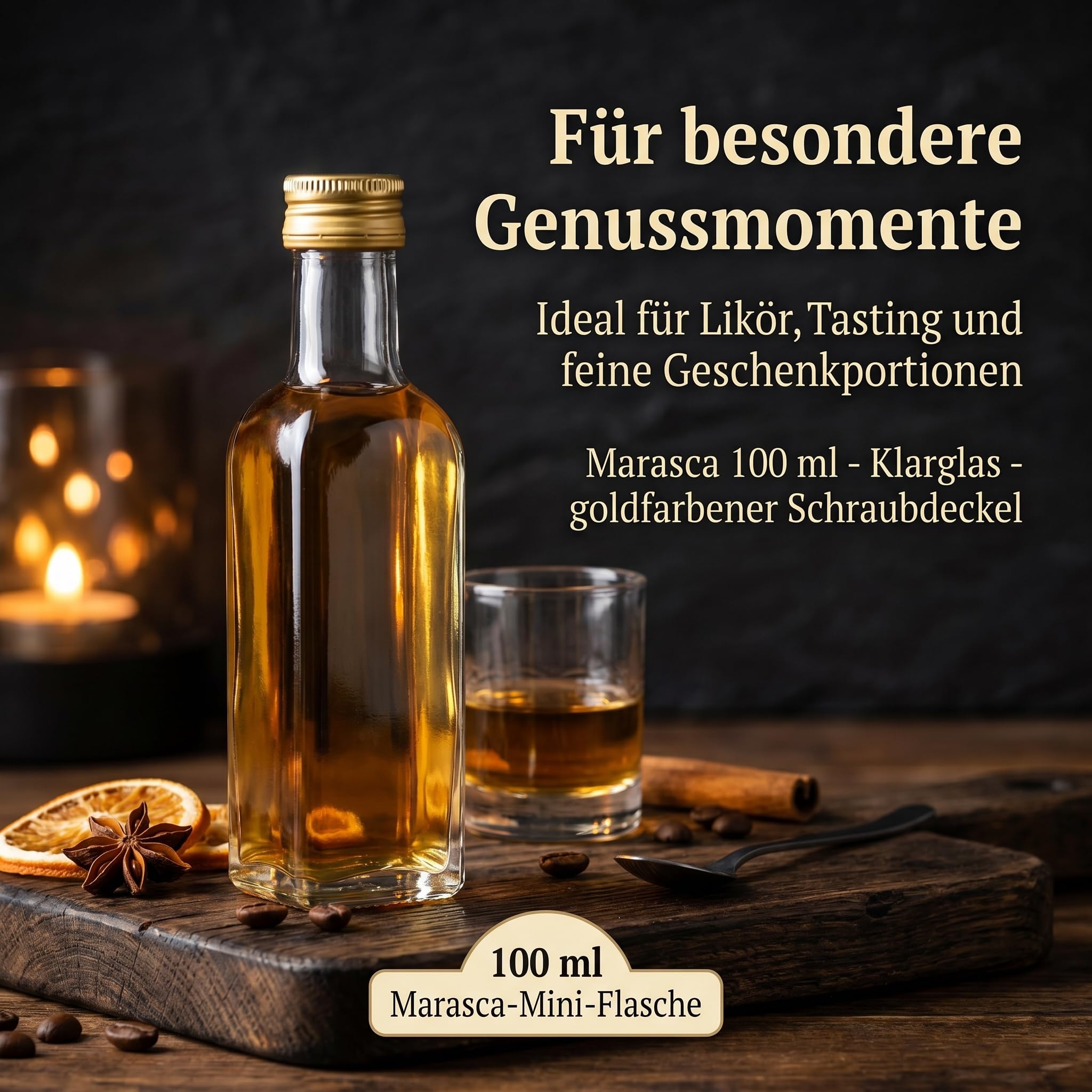 gouveo Lot de 48 bouteilles en verre Maraska (0,10 l) avec bouchons à vis dorés, flacons carrés pour liqueur sirop huile vinaigre PP 24 (MFET100G)