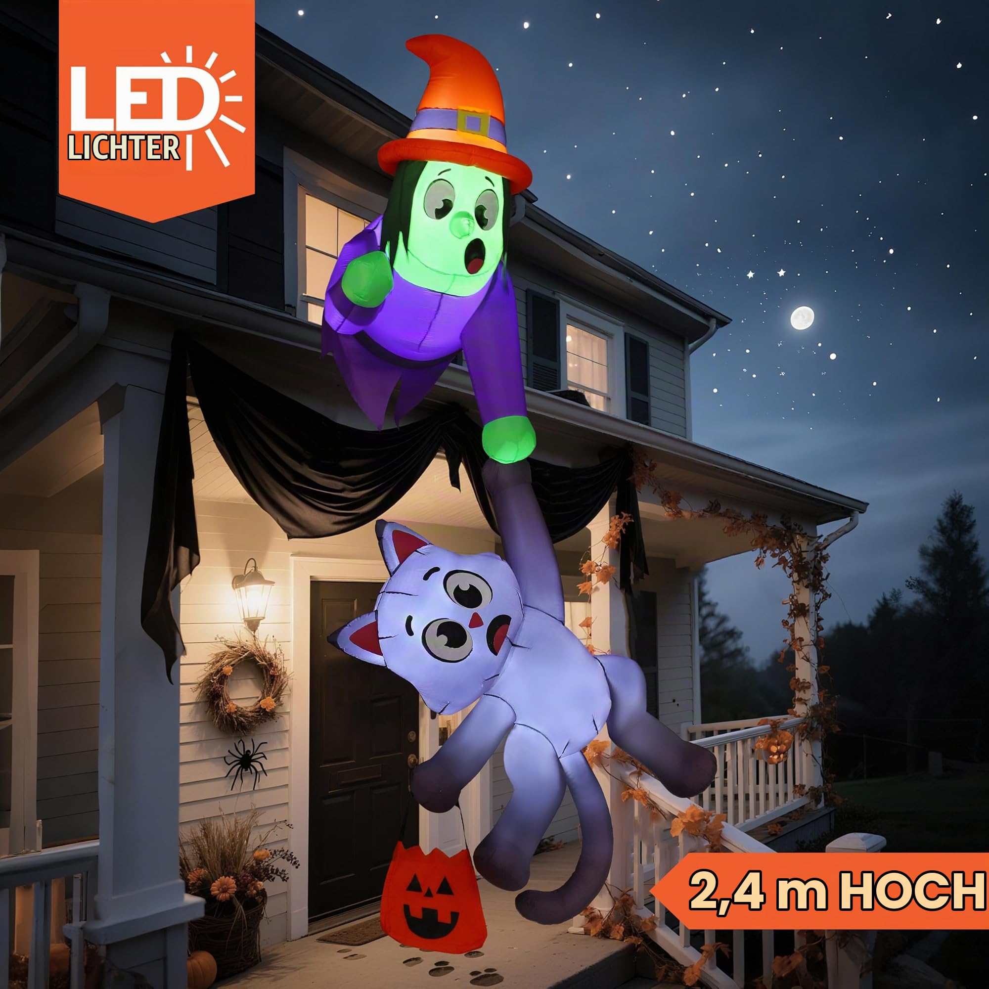 JOYIN 2,44 m hohe aufblasbare Halloween-Dachdekoration, Hexe und Schwarze Katze, aufblasbare Dekoration mit LED-Lichtern, riesige aufblasbare Halloween-Artikel für den Außenbereich, Hof