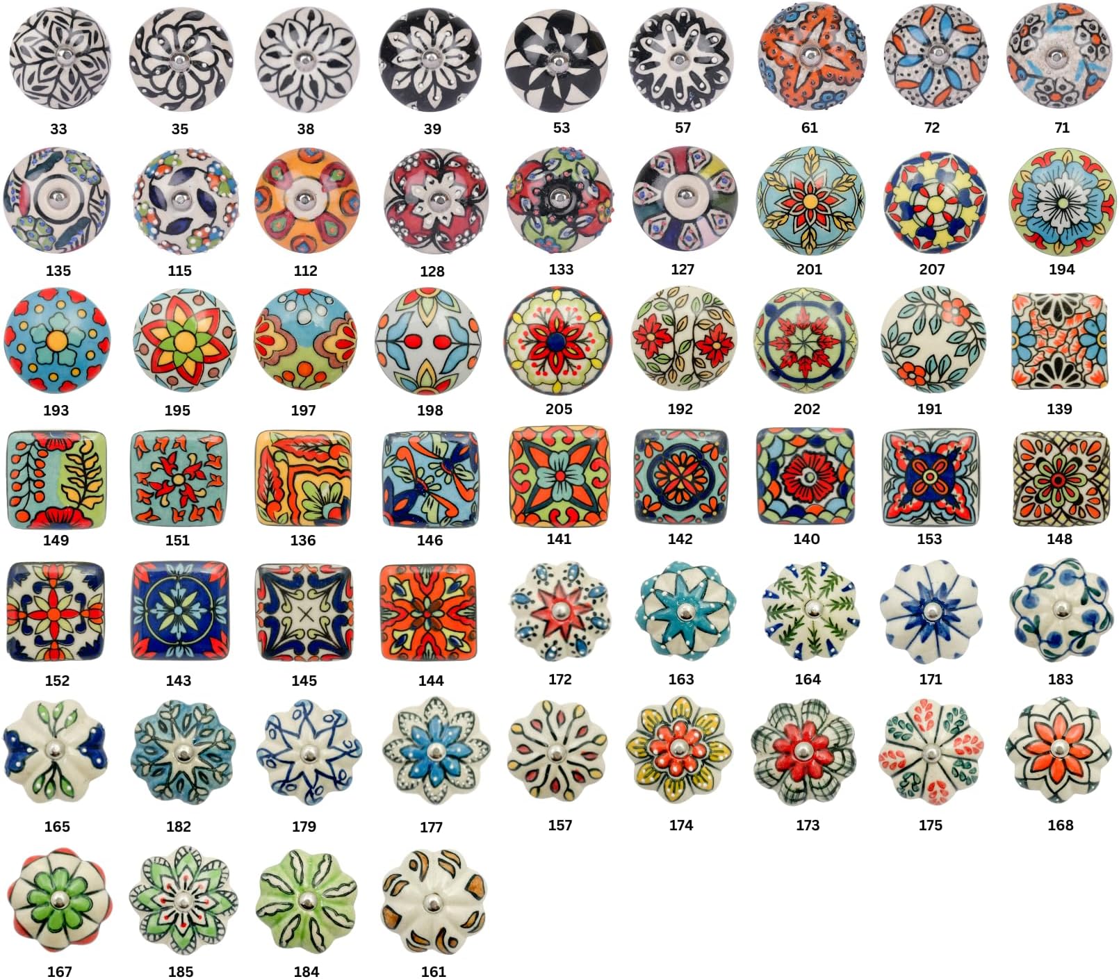 Ceramic Door Knobs Hand Painted Multicoloured Square Round Flower Assorted Cupboards Chest of Drawers Set Patterned Flower Geometric Mandala (157)