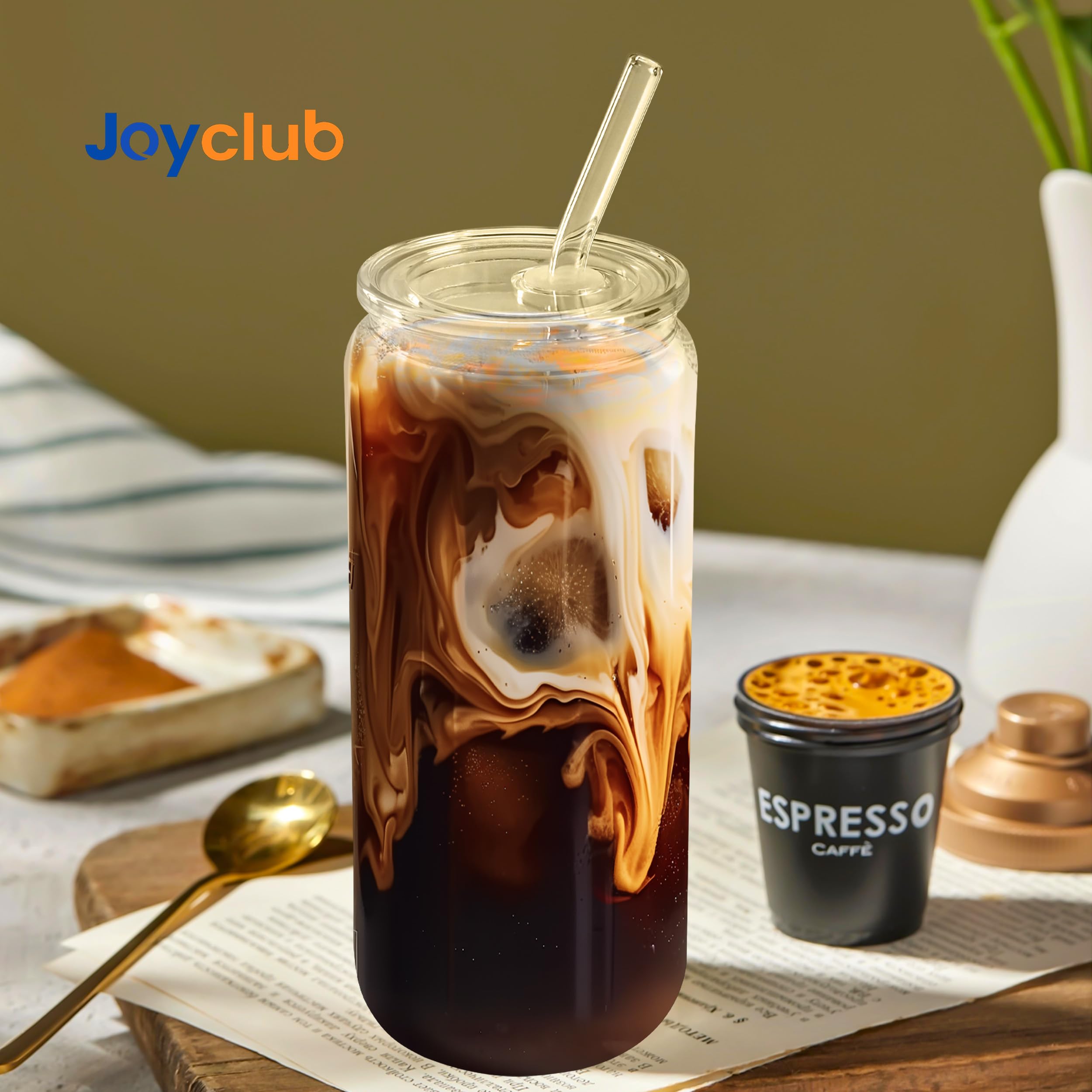 Joyclub Vasos de vidrio de 20 onzas con tapas acrílicas y popotes, 2 tazas de café helado de vidrio con tapas, vasos para beber, bonitos vasos ideales para batidos, refrescos, té, cóctel, cerveza