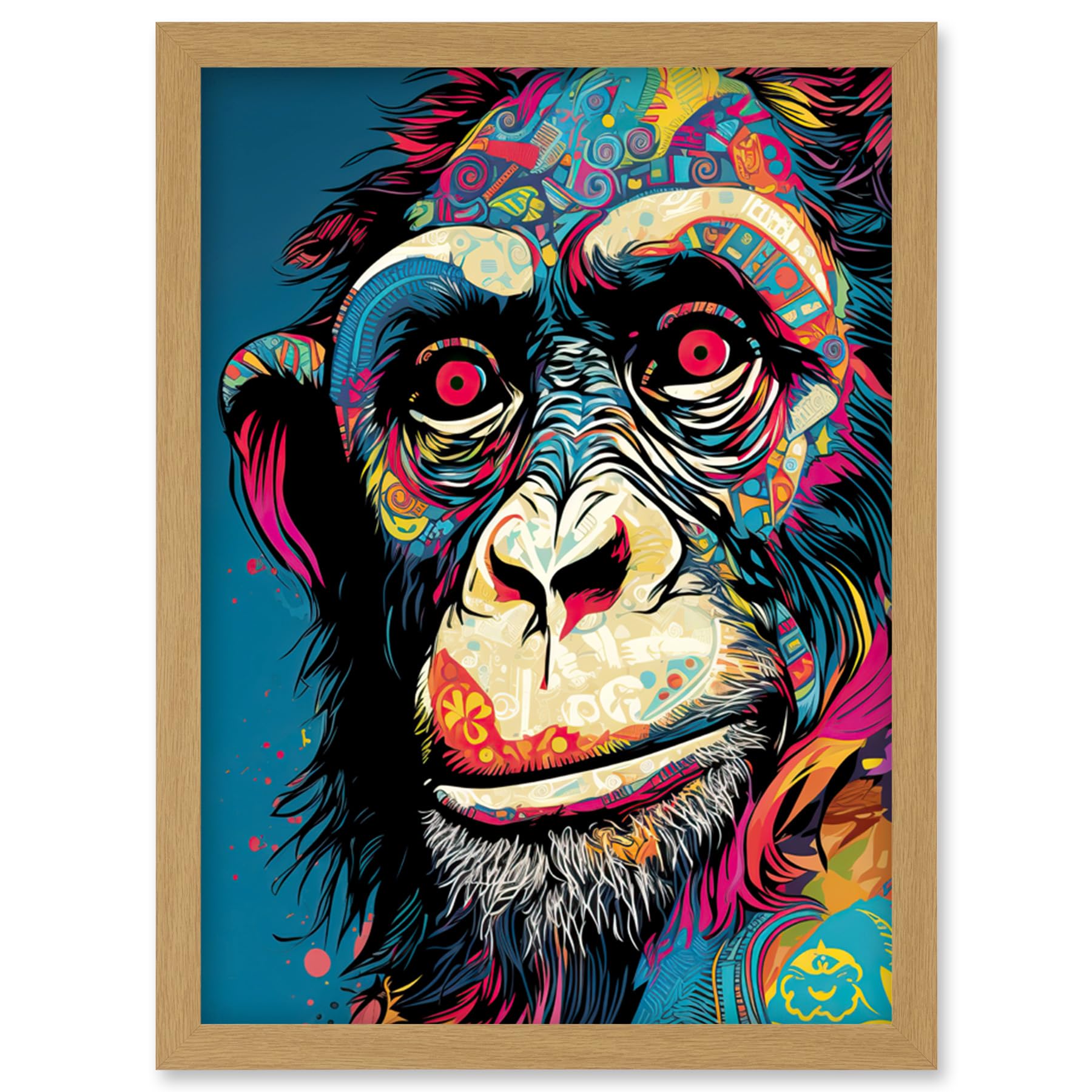 Artery8 Chimpanzee Acrylic Painting Vibrant Psychedelic Pattern Portrait Modern Artwork Framed Wall Art Print A4