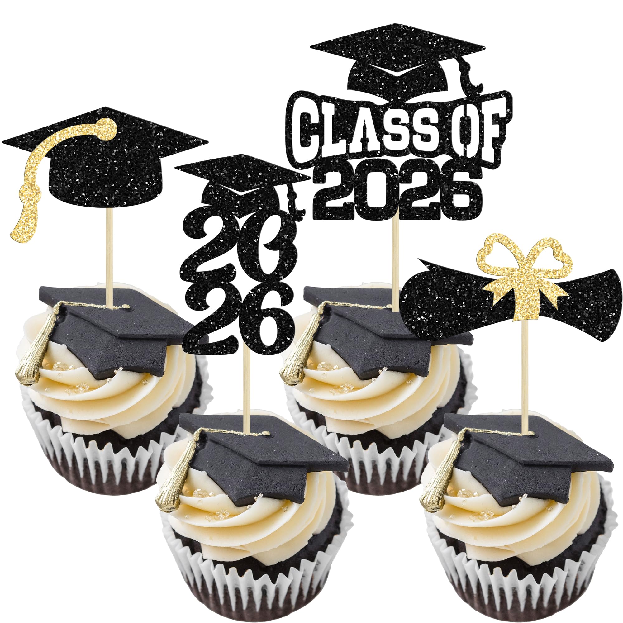 Ephlyn 36Pcs 2026 Graduation Theme Cupcake Toppers Glitter Class of 2026 Cupcake Picks Diploma Grad Cap Cake Decorations for 2026 Graduation Theme Party Supplies Black