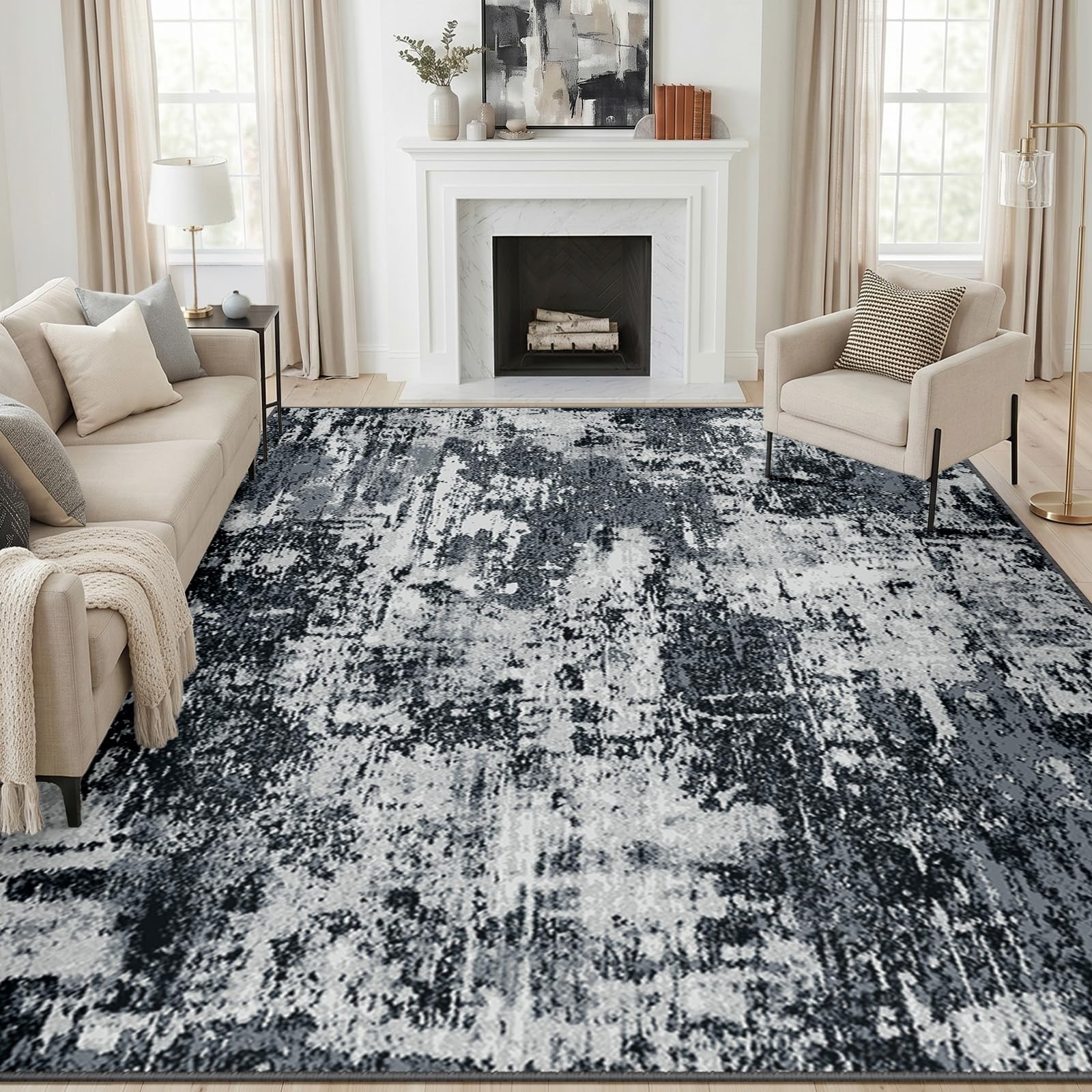 DEFYNEE Extra Large Rugs Living Room, 240x300 cm Modern Abstract Rug Non-Slip Soft Low-Pile Washable for Hallway, Bedroom, and Dining Room-Black โ image 1