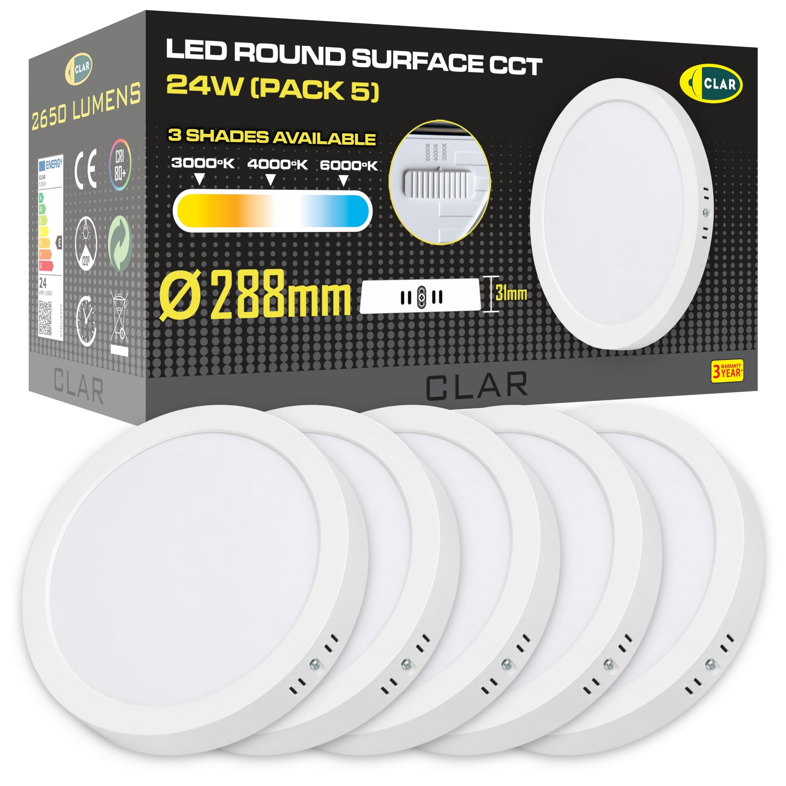 CLAR - Downlight LED Techo Superficie 24W, Focos LED Interior Techo, Downlight Superficie, Plafón LED, 3 Tonalidades CCT (3000ºk-4000ºk-6500ºk) (Pack 5)