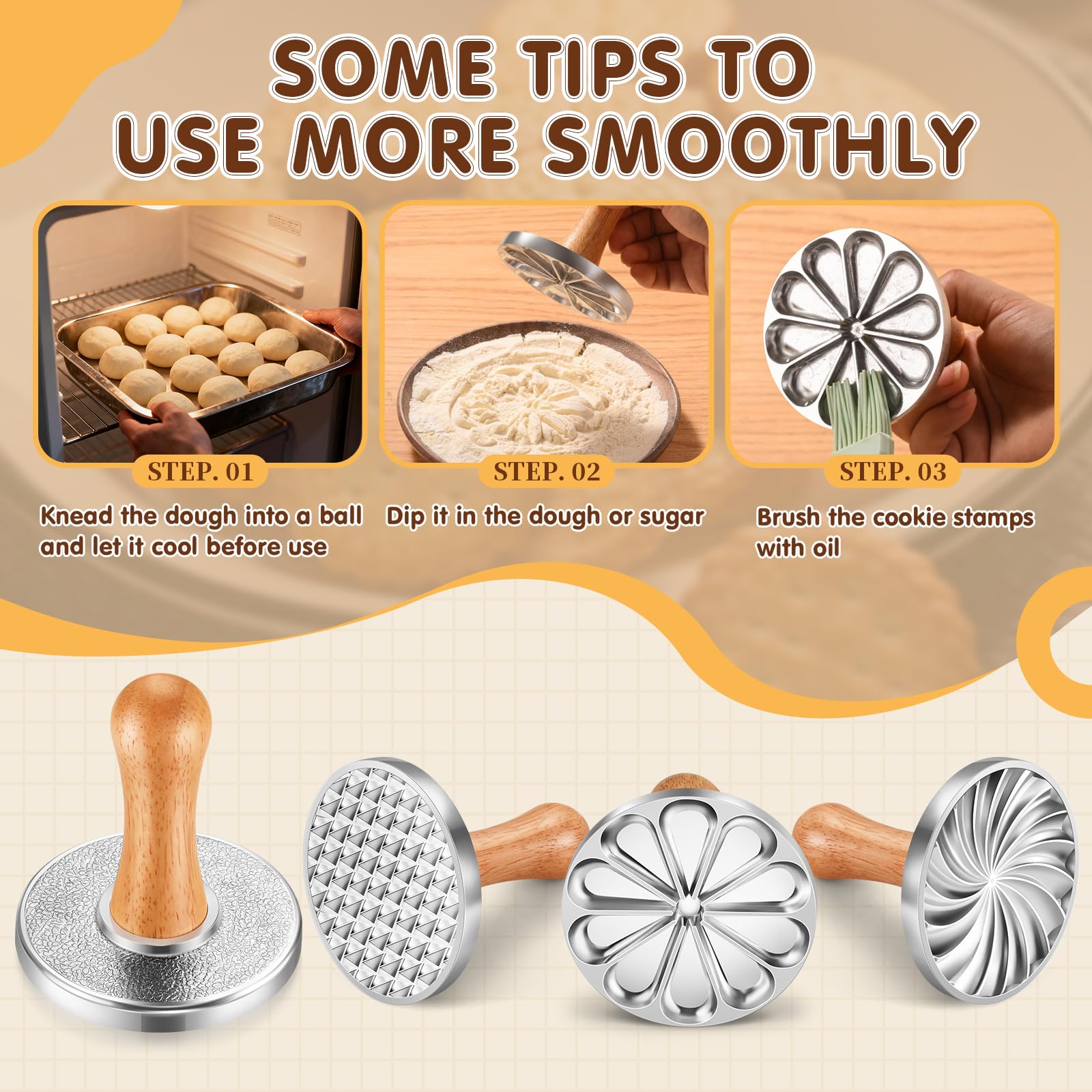 OPPEIN Juego de 3 sellos de galletas, molde de metal para prensa de galletas con mango de madera, suministros de decoración de galletas para hornear, pasteles, pasteles, paquete de regalo