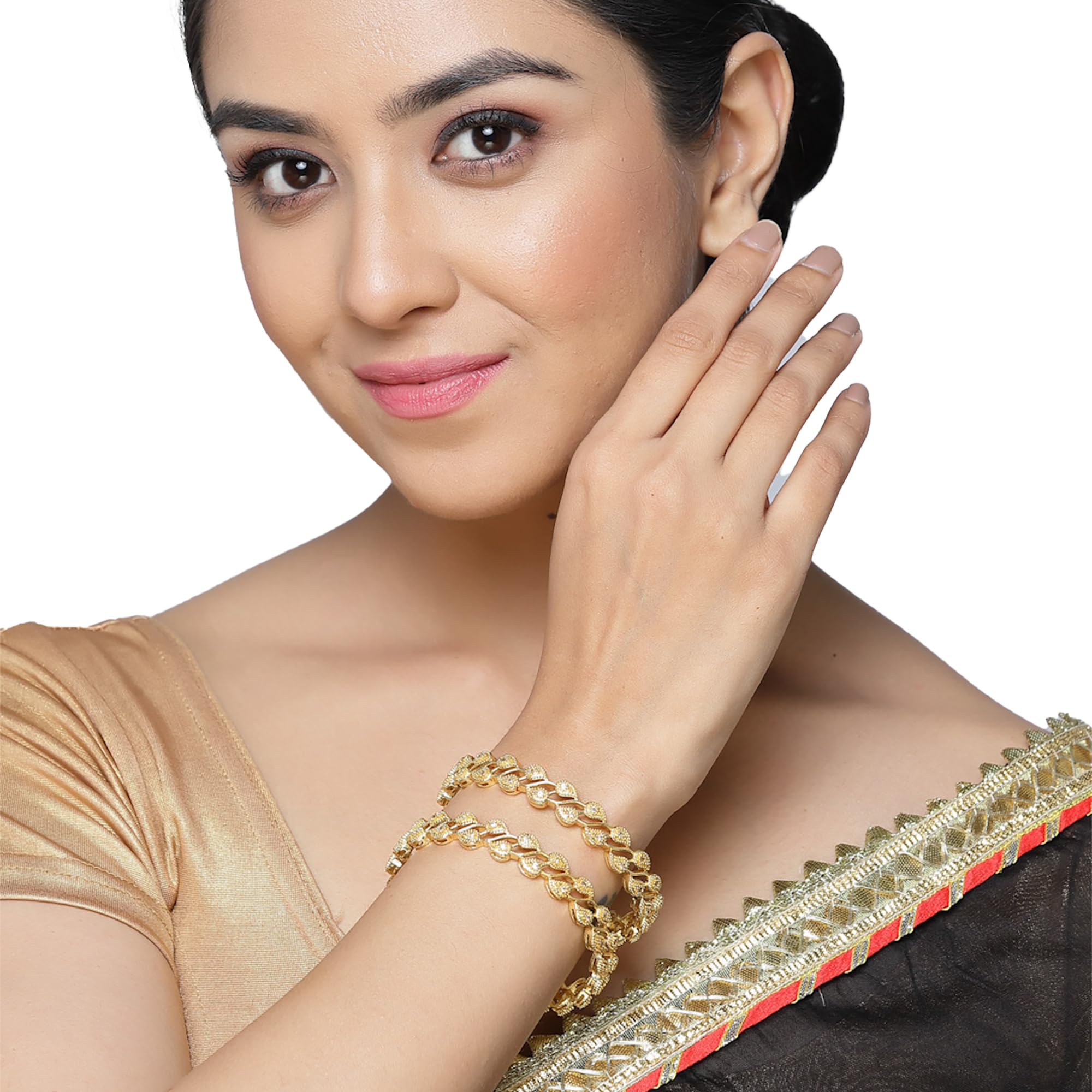 Leaf Shaped American Diamond Plated Bangles For Women (Gold, 2.4)