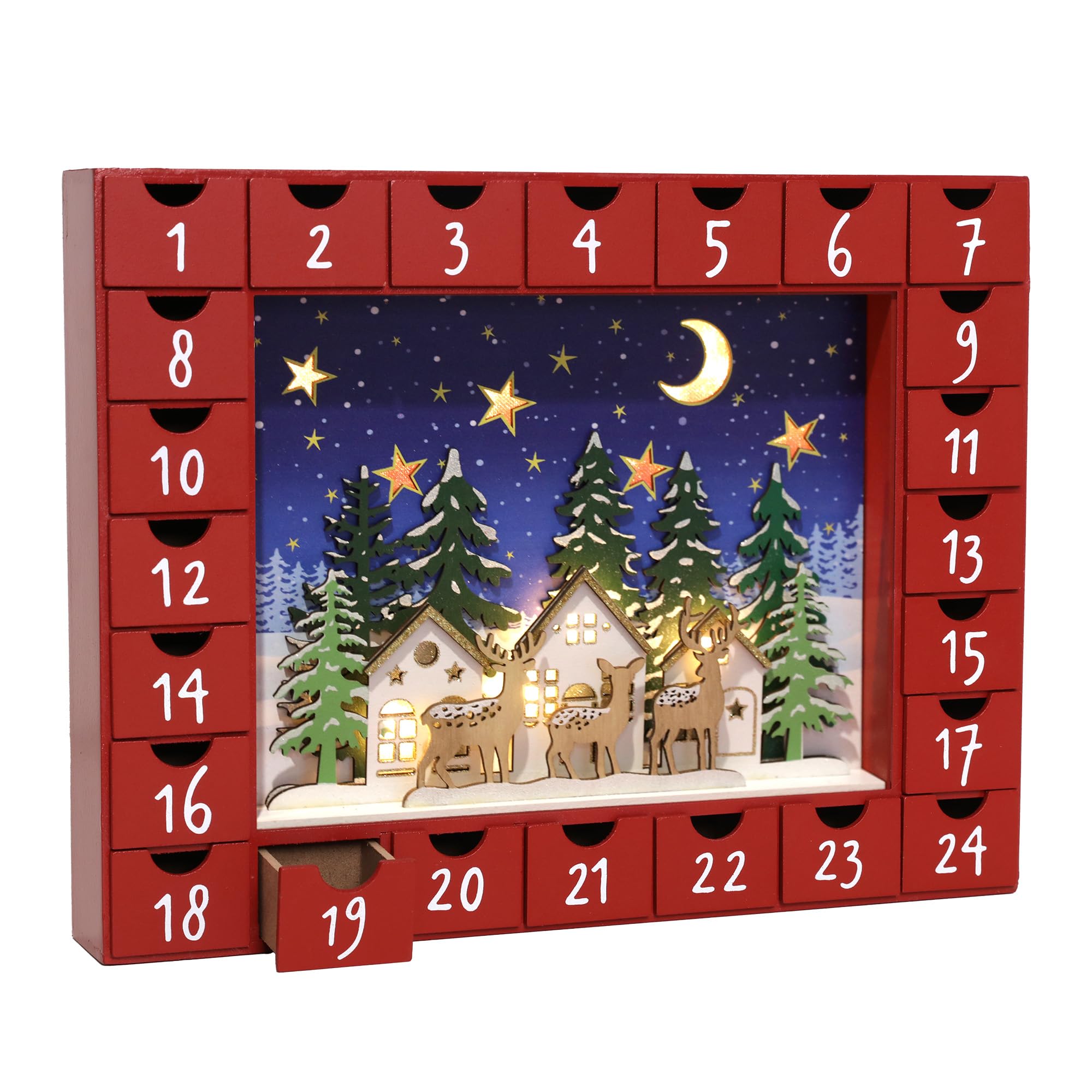 PE Handgefertigter Holz Adventskalender mit 24 Schubladen - Beleuchteter Weihnachtskalender mit Dorf Szene und Rentier - Weihnachtsdeko zum Befüllen 35,5 x 5 x 27,2 cm