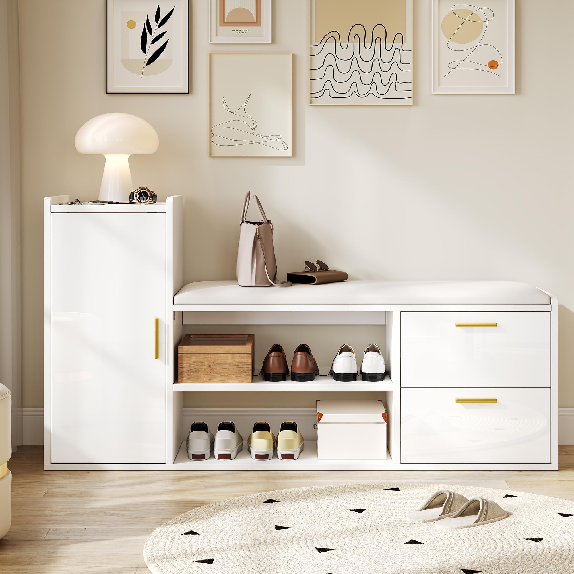 128 x 30 x 68 cm, zapatero con 2 cajones, 1 armario, bancos con acolchado y espacio de almacenamiento, adecuado para salón, pasillo, oficina, color blanco