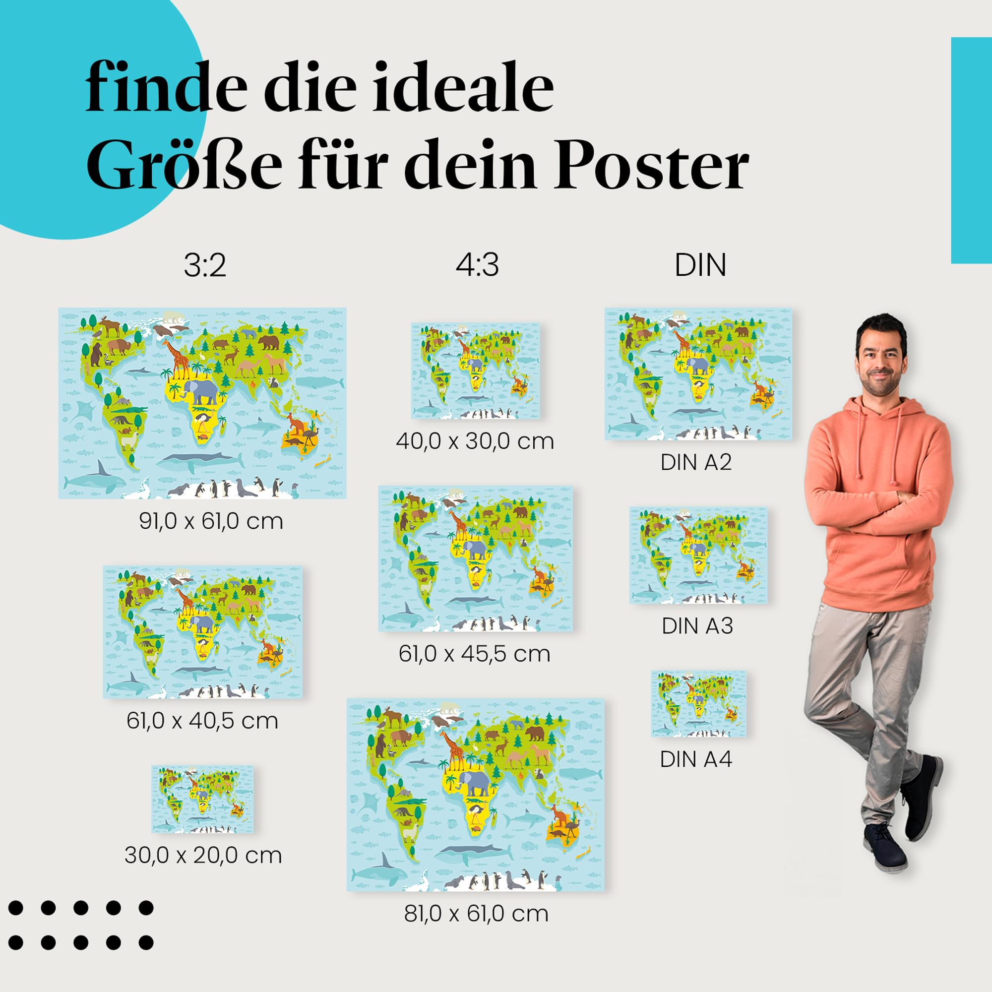 Postereck - 0860 - Weltkarte, Kinder Tiere Kontinente Lernen Schule - Kinder Kinderzimmer Kinderbild Wandposter Fotoposter Bilder Wandbild Wandbilder - Leinwand - 100,0 cm x 75,0 cm