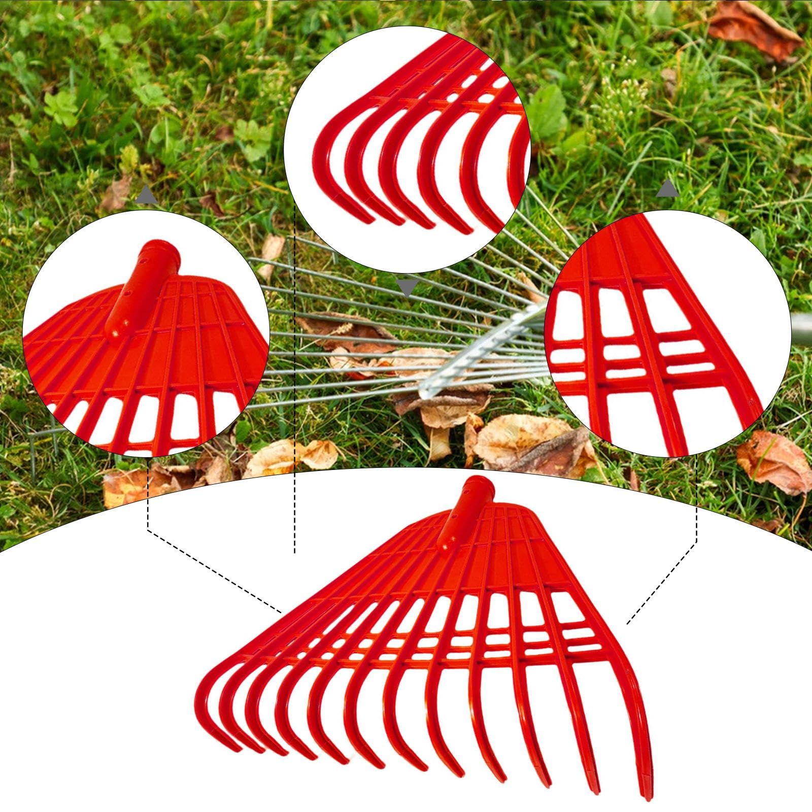 Colcolo Tête de râteau à feuilles de jardin à 24 dents, facile à installer, légère et remplaçable, outil de jardinage pour ramasser les feuilles mortes sur la, Rouge