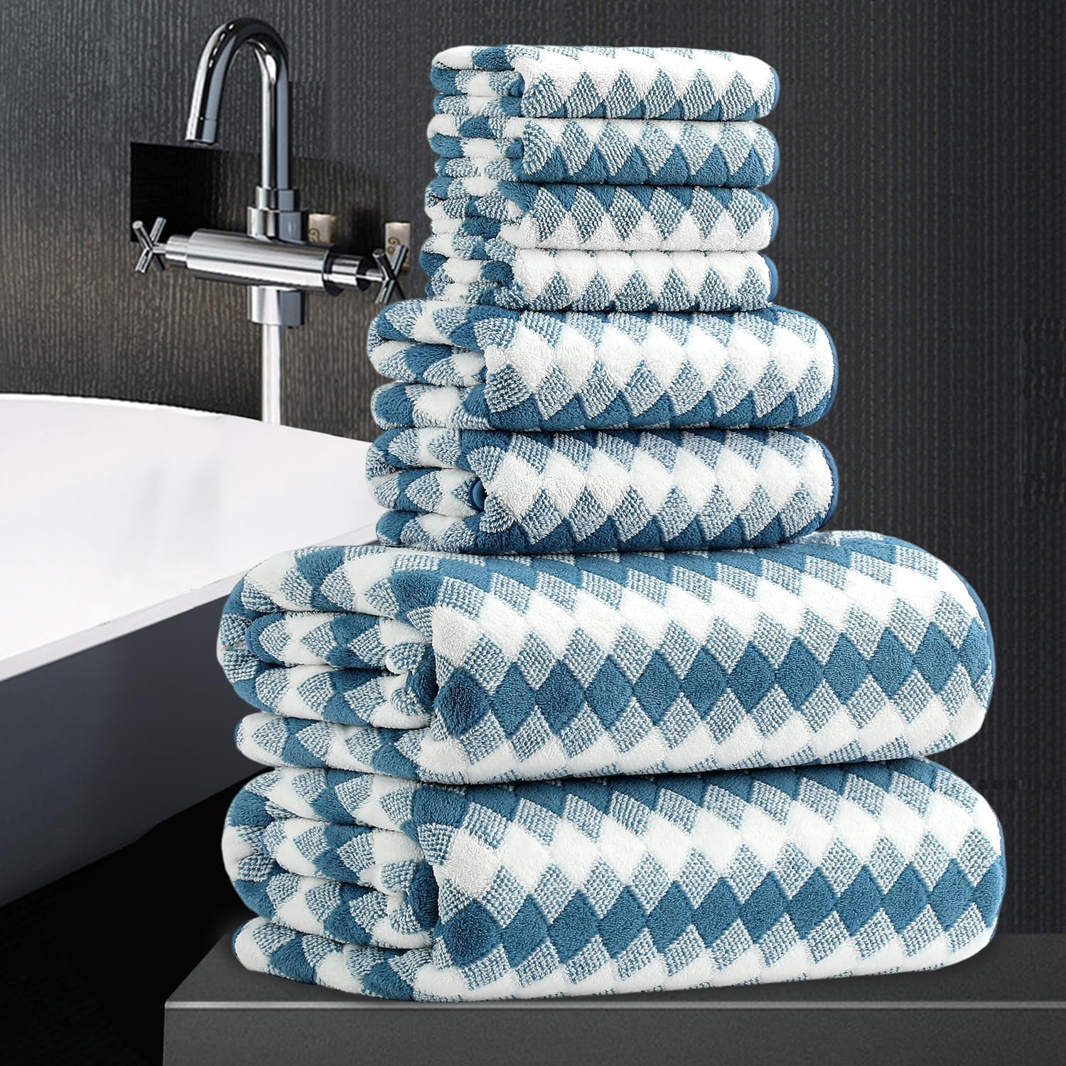 8 Piece Bathroom Towel Set |2 Oversized Bath Towels,2 Hand Towels,4 Washcloths| 600GSM Soft Hotel Towel Set Large Bath Sheet for Bathroom,Highly Absorbent Quick Dry Bath Towel Collections,Blue