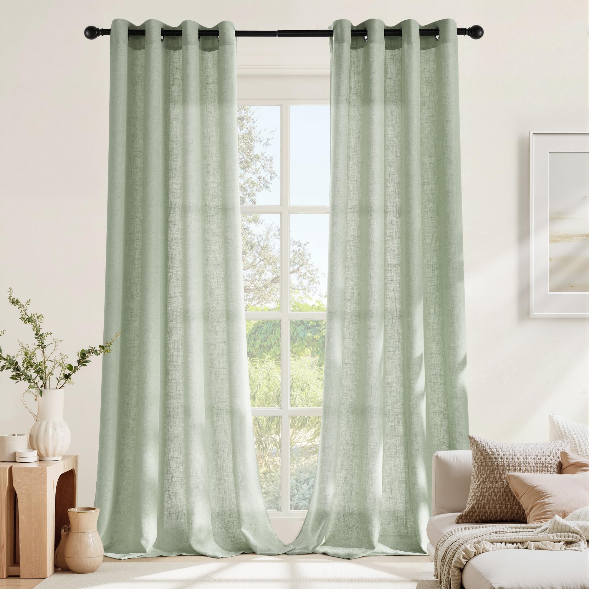 NICETOWN Grün Vorhänge Leinenoptik Boho Gardinen Halbtransparent mit Ösen | Graugrün, H245 x B140 cm, Halbdurchlässig, 2er Set, Leinen Gardine, Passend für Wohnzimmer und Schlafzimmer, Sichtschutz