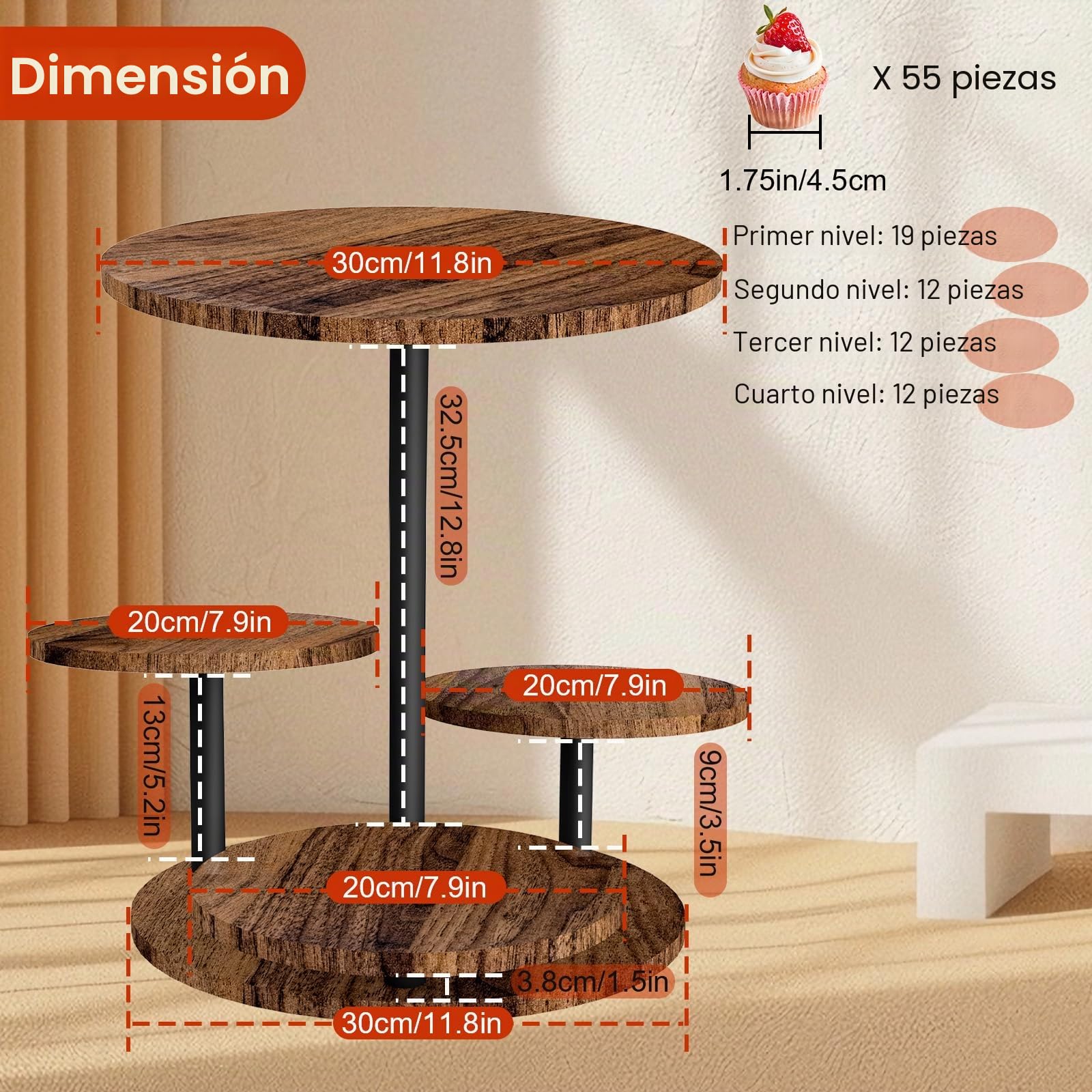 Cupcake Woods Floor, expositor giratorio de 360° para cupcakes de 4 pisos con forma de flor, que puede utilizarse como frutero o bandeja, fácil de montar para fiestas, bodas y festivales