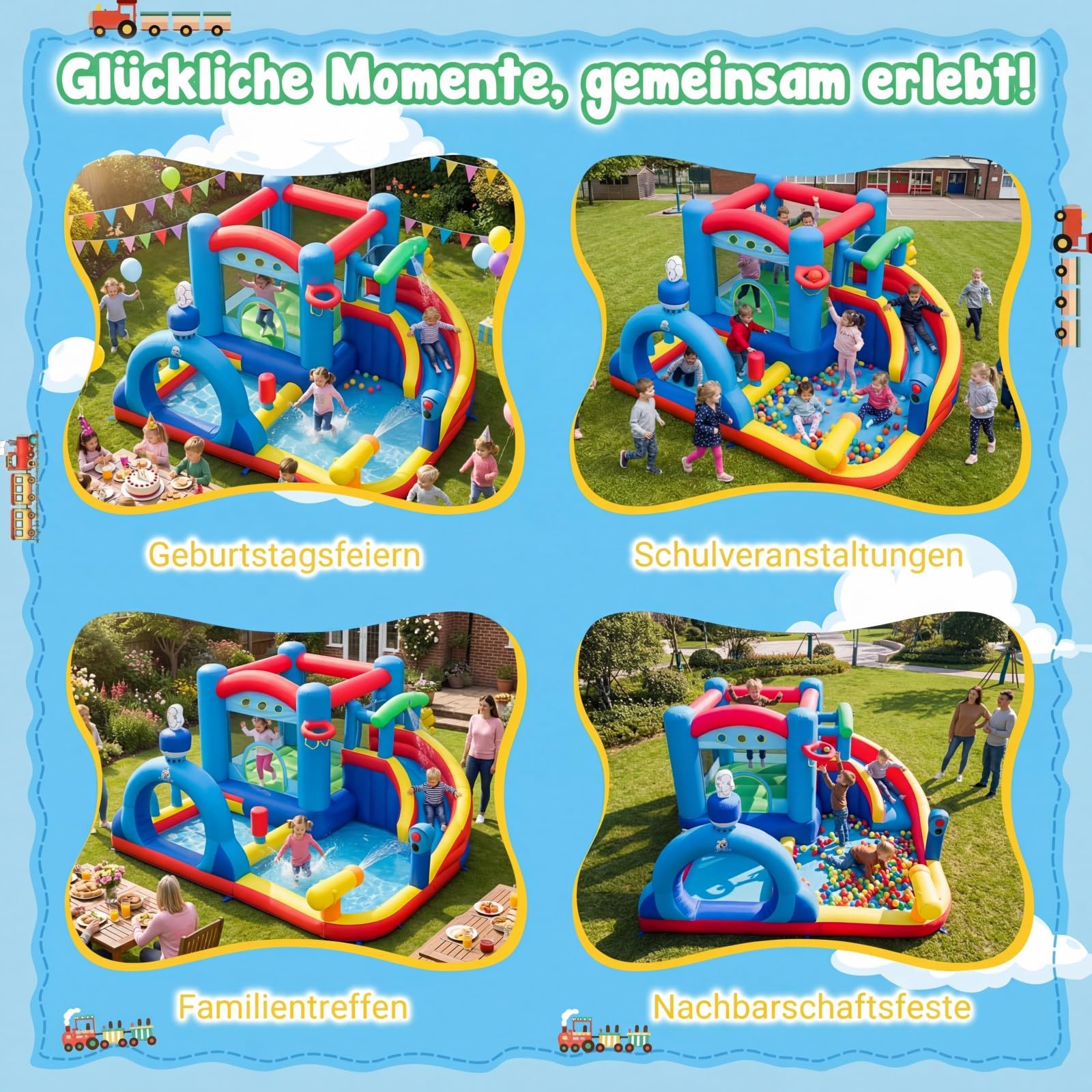 COSTWAY Hüpfburg mit Wasserrutsche, Sprungbereich, Planschbecken, Wasserkannonen, Boxsack, Ringwurfspiel, Zielspiel, Ozeanbälle & Basketball, Wasserhüpfburg für Kinder, Wasserpark für Außenbereich