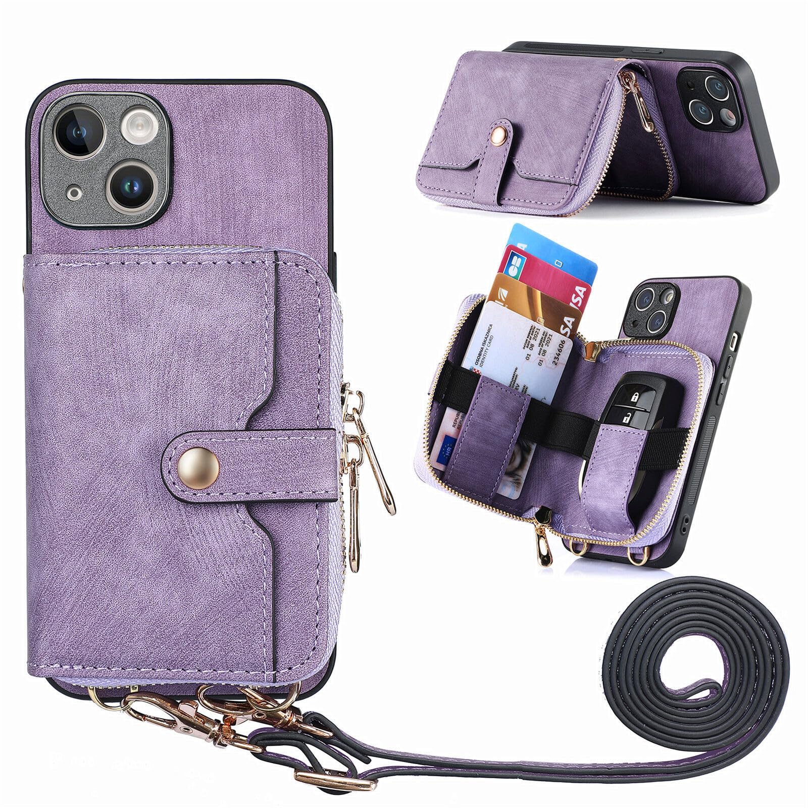 Portefeuille cuir iPhone 16 Plus violet pour sécuriser vos cartes