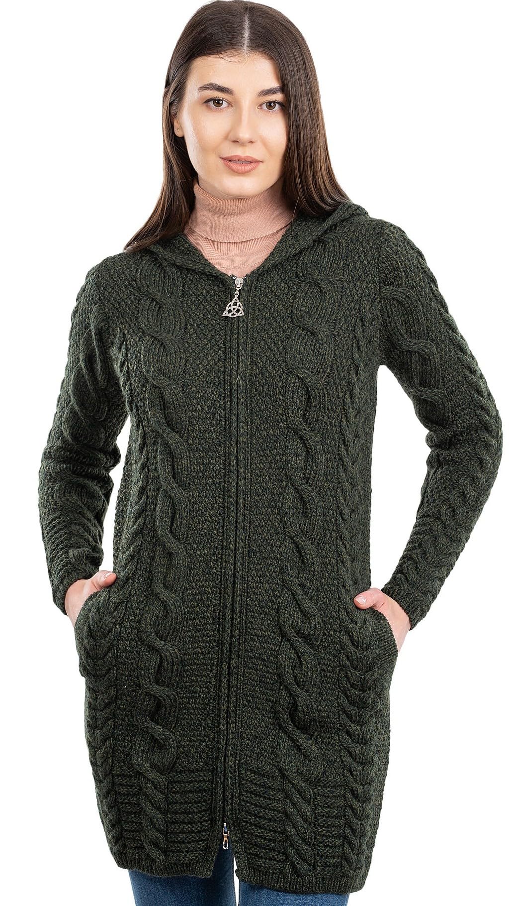 Saol Women's Army Green 100% Merino Wool Aran Cable Knit Hooded Zip Cardigan Irish Coat, Small