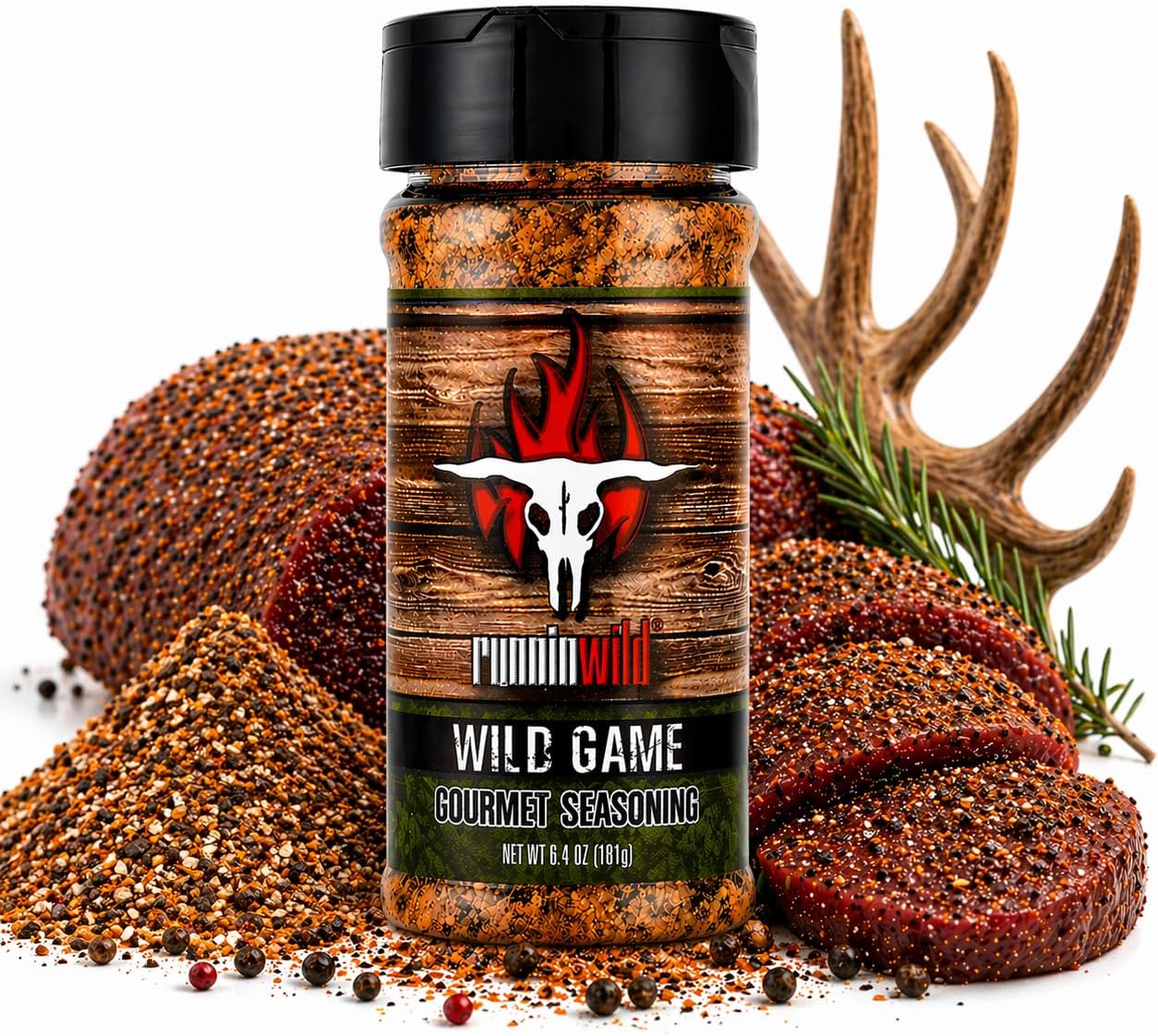 Gourmet Wild Game Seasoning | Premium Game Meat Rub for Venison, Lamb, Deer, Sausage, Jerky, Boar, Turkey, Elk, and more! | No Artificial Flavors, No MSG Added | Runnin' Wild Foods, 6.4 ounces
