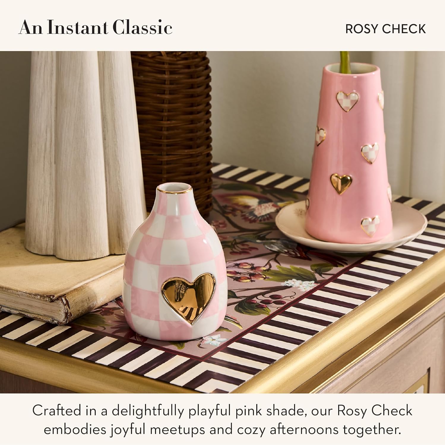 MACKENZIE-CHILDS Ceramic Heart Vase, Unique Flower-Vase Decor, Bud, Pink-and-White Rosy Check