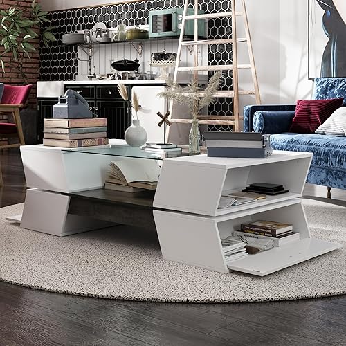 Miniatura 3 de ECACAD Mesa de centro moderna de 47.2 pulgadas de largo con parte superior de cristal, compartimentos abatibles y estantes abiertos, mesa central