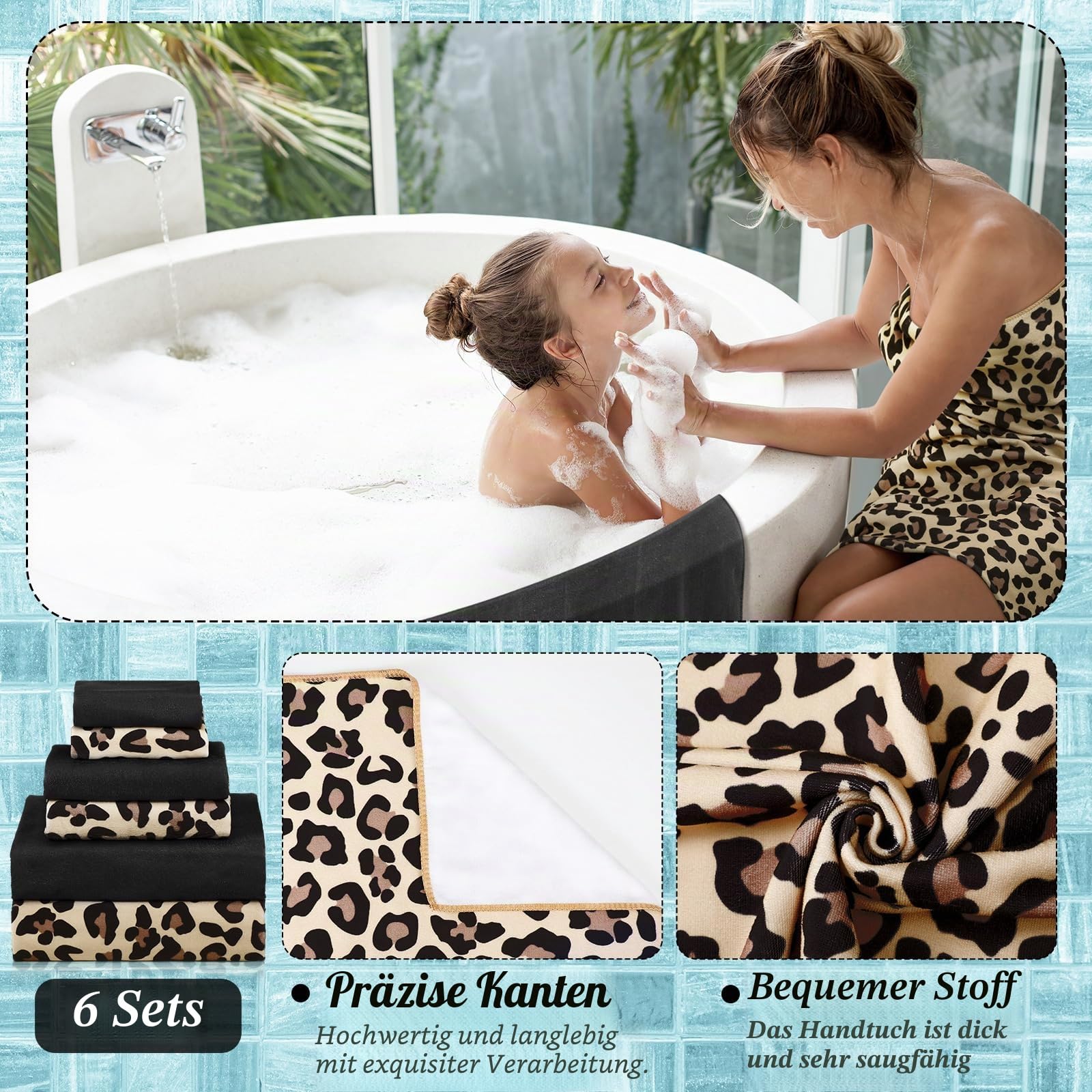 6-teiliges Badezimmer-Handtuch-Set, 2 Badetücher, 2 Handtücher, 2 Waschlappen, weich, saugfähig, Dusch-Gästetuch, dekorativ für Hotel, Spa (brauner Leopardenmuster und schwarz)