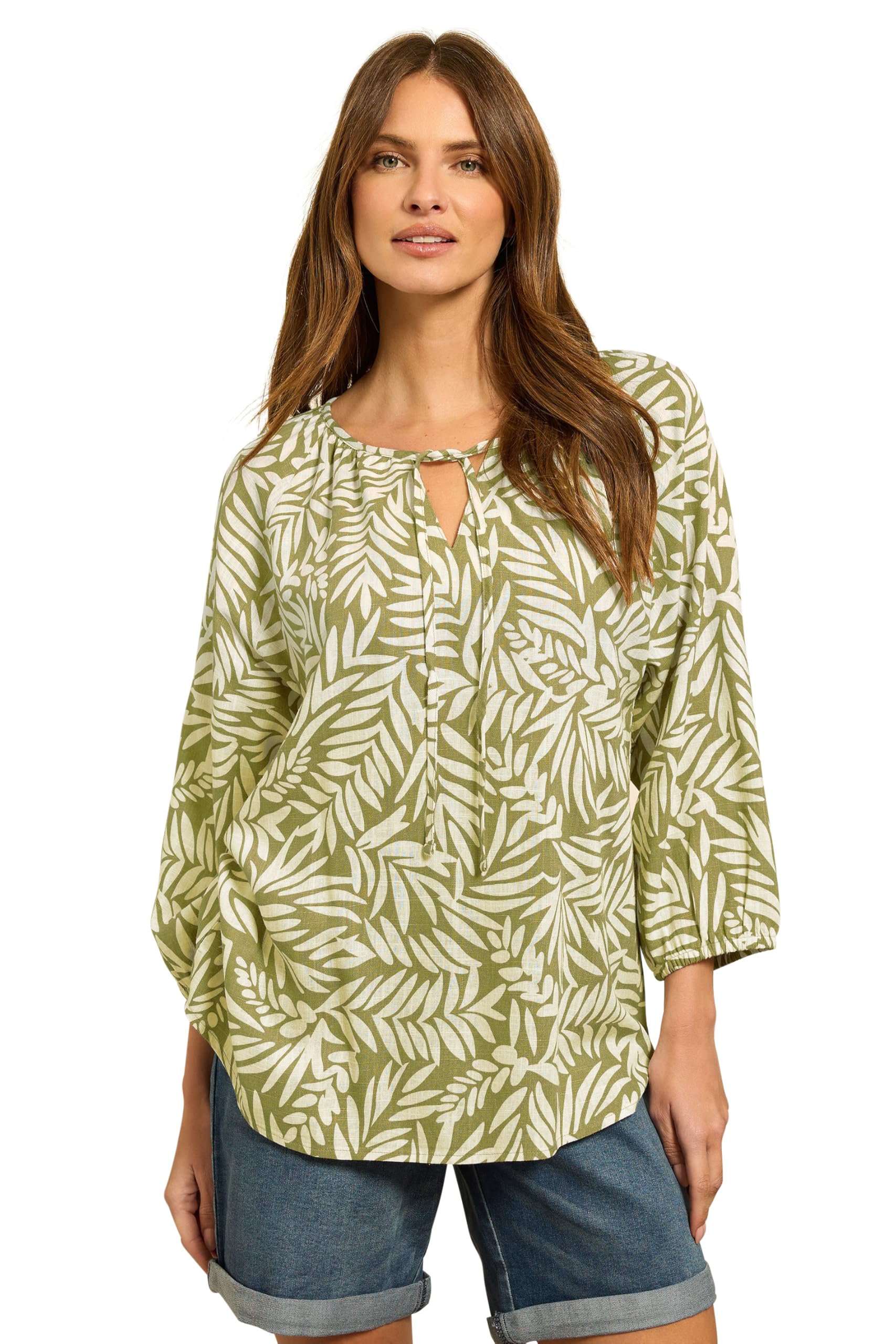M&Co Women's Green Leaf Print Tie Neck Linen Blouse Size 10