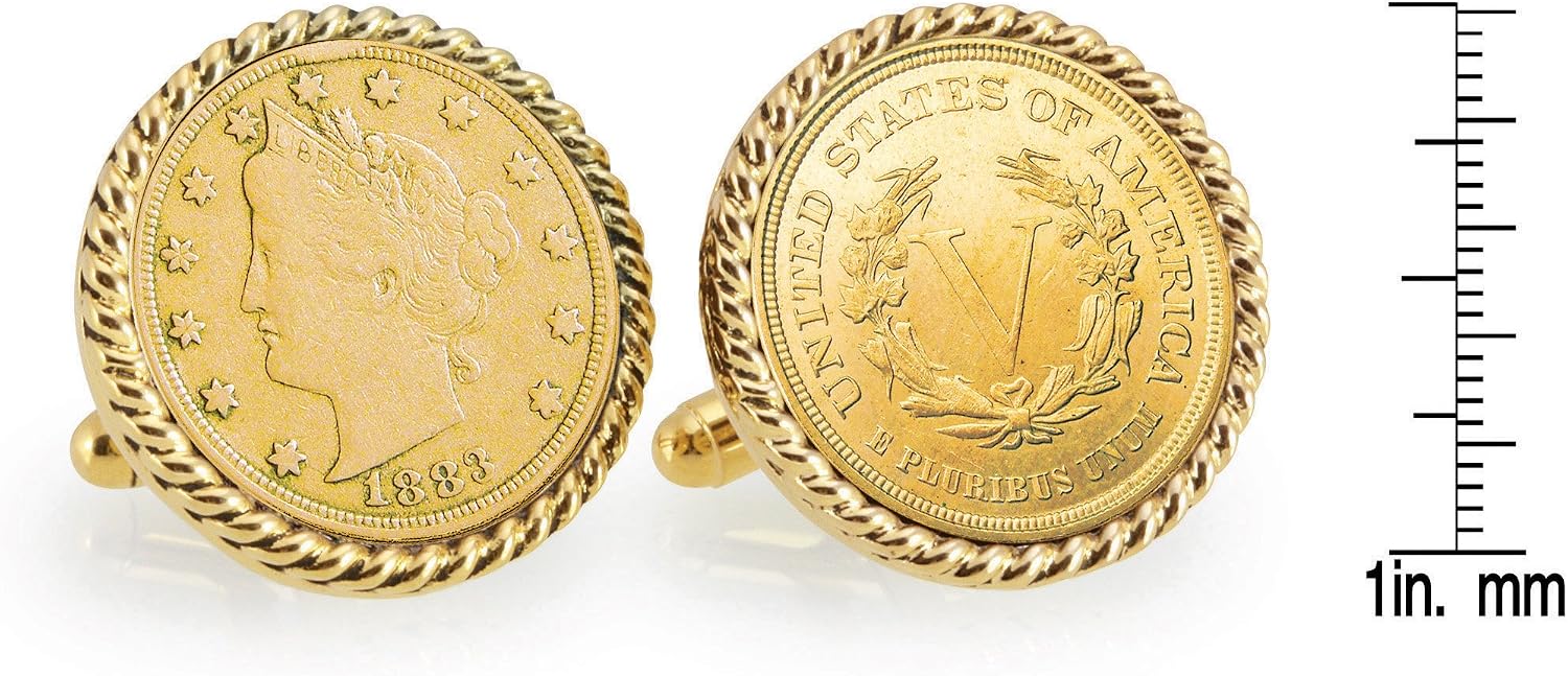 American Coin Treasures Gold-Layered 1883 First-Year-of-Issue Liberty Nickel Goldtone Rope Bezel Cuff Links