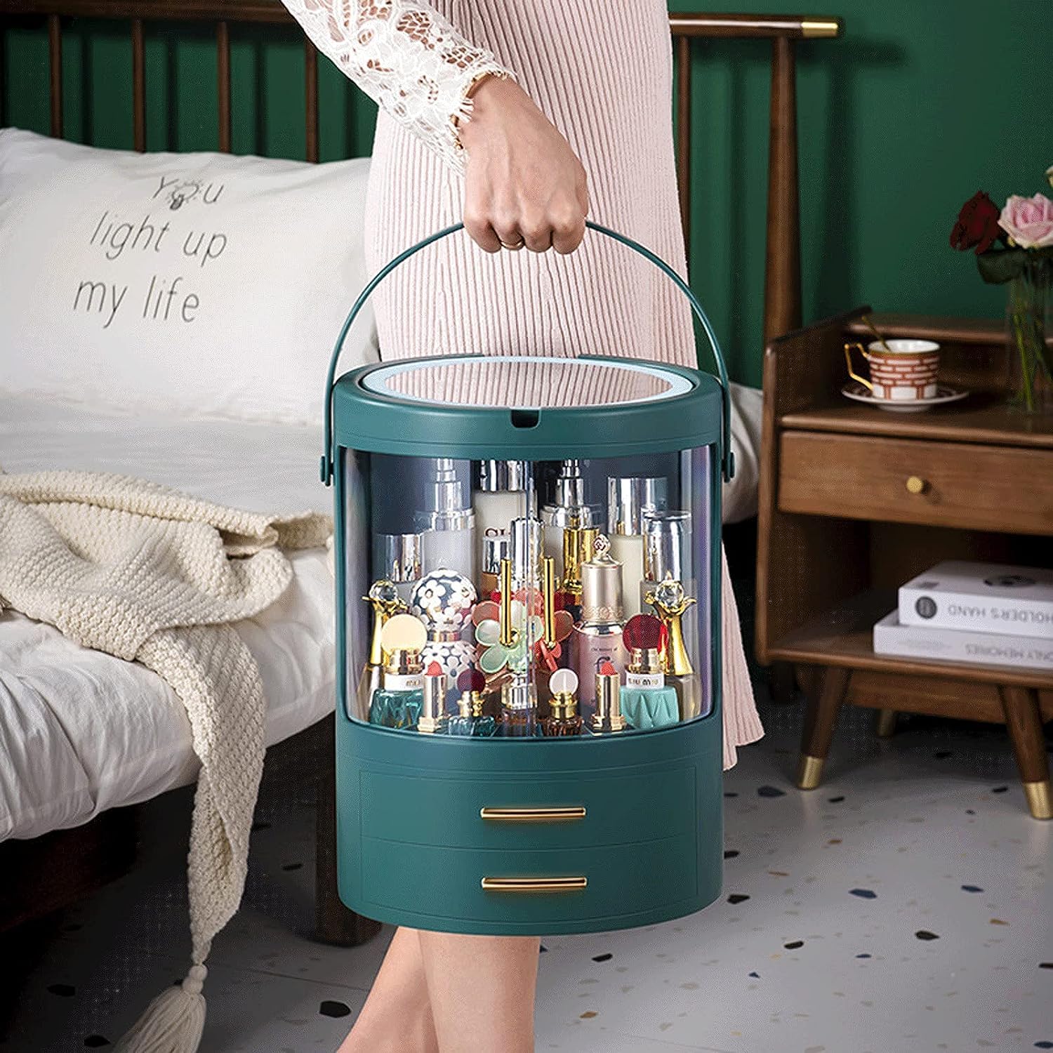 Obrotowy organizer na kosmetyki z obracającymi się o 360 stopni diodami LED Vanity Full Mirror Przenośny stojak na kosmetyki (Color : Ivory White)