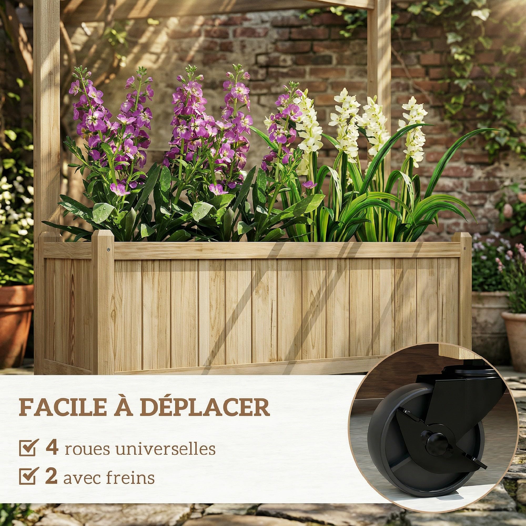 Outsunny Jardinière avec Treillis Bac à Fleurs 82,5x35x186cm Bois Naturel | Avec Roues, Lit Surélevé, pour Plantes Grimpantes Légumes Fleurs, Bois Massif, Intérieur Extérieur, Cour Jardin Balcon