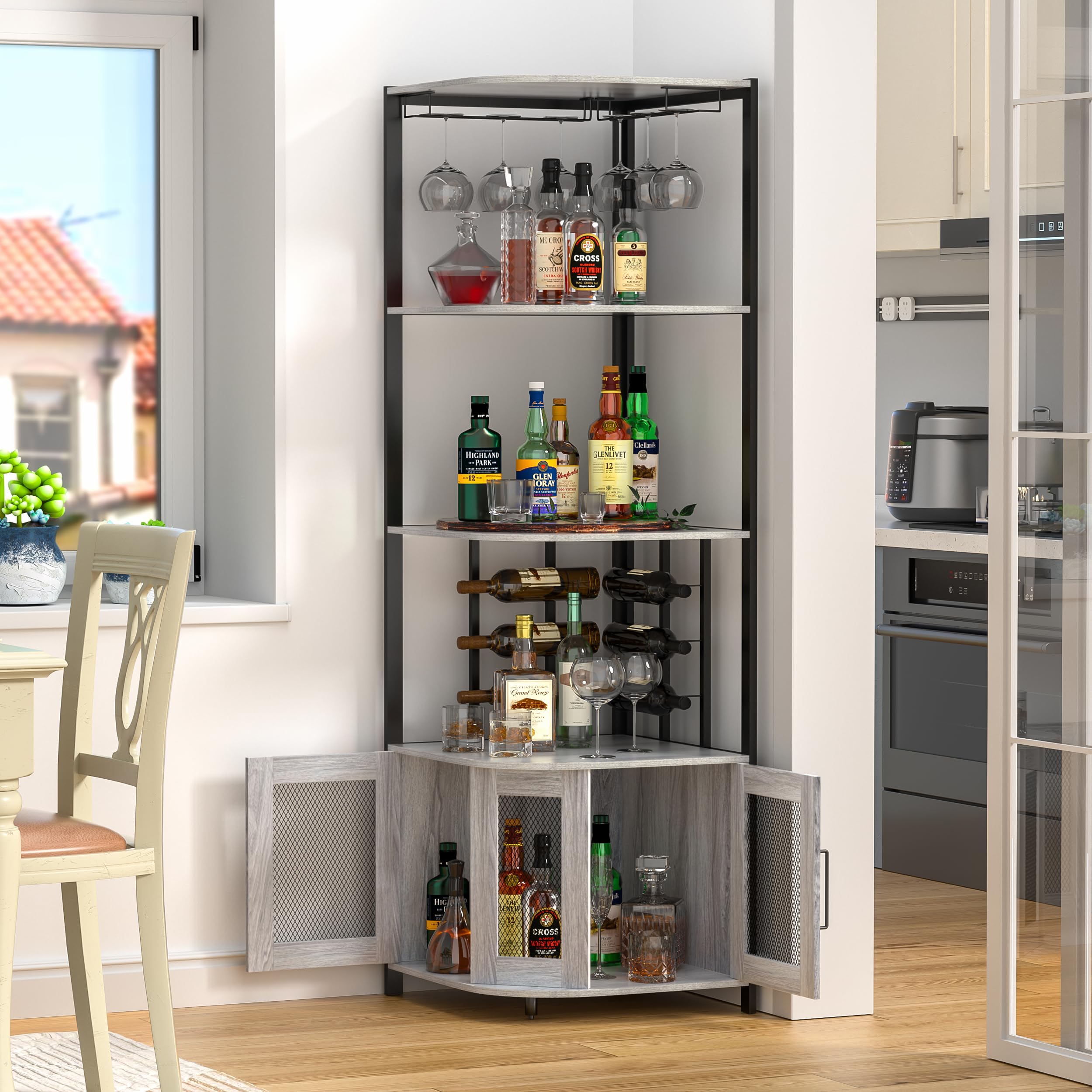 Weinschrank Eckschrank Industrial, Barschrank mit Glashalter, 4-Stöckiger Spirituosenschrank mit Metallgittertüren, Küche Hausbar Buffet-Weinregal, Küchenschrank für die Hausbar oder Kaffeebar