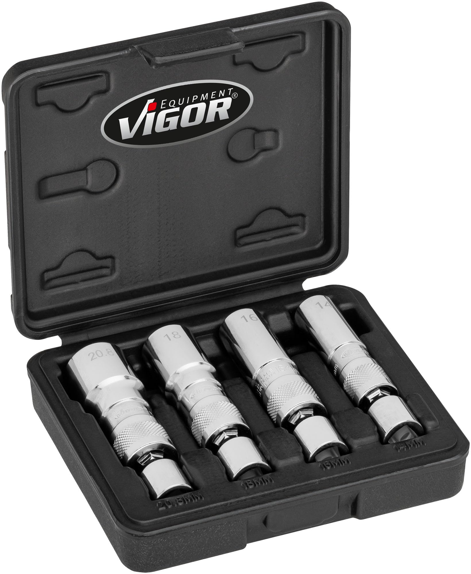 HAZET ViGOR Set di chiavi per candele V7002/4, 4 pezzi, 3/8 di pollice quadrato, profilo esterno a doppio esagono, misure 14-20,8 mm, snodi sferici per punti difficili da raggiungere, magnetico
