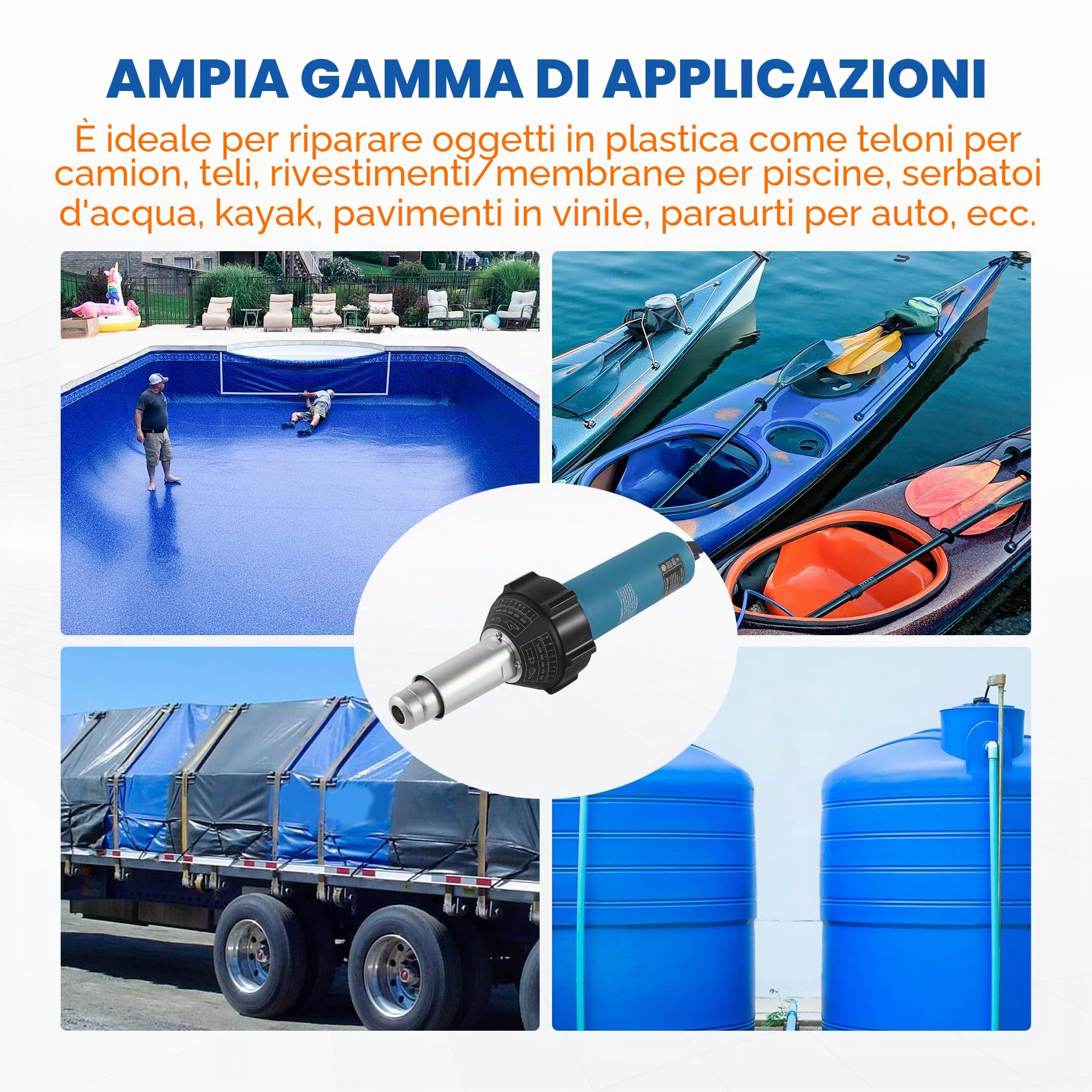 Pistola ad aria calda in plastica, 1500 W, 220 V, pistola ad aria calda, 30 ℃-680 ℃, pistola ad aria calda, per saldatrice in vinile PE PVC con asta di plastica, scooter, ugello