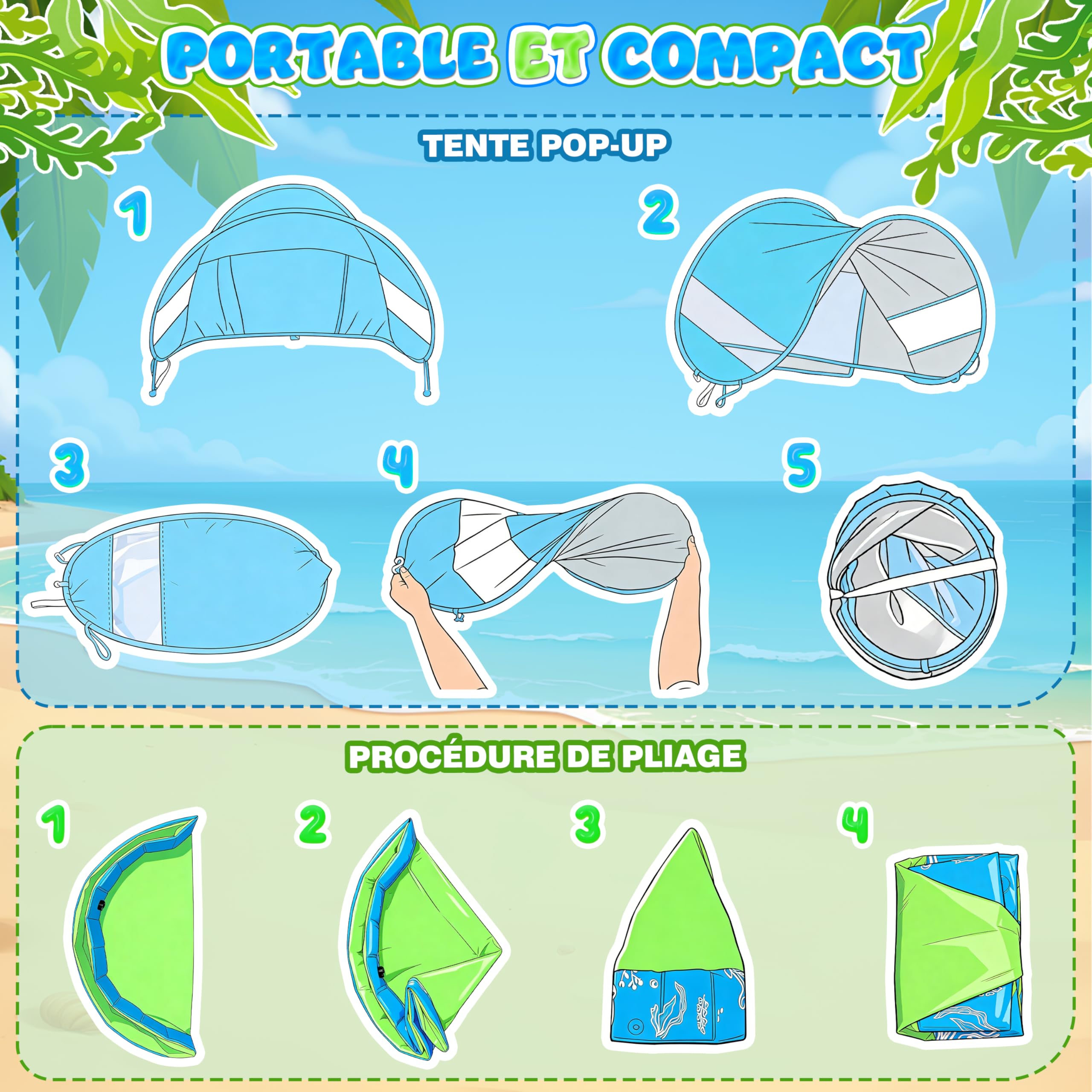 Namiot Plażowy dla Dzieci 4w1 100x30 cm Anti UV SPF50+ z Moskitierą i Daszkiem