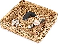 Hipiwe Handwoven Rattan Square Basket Tray 8.1" - Entryway Key Organizer, Vanity Serving Tray for Kitchen Counter, Bedroom, Bathroom Decor