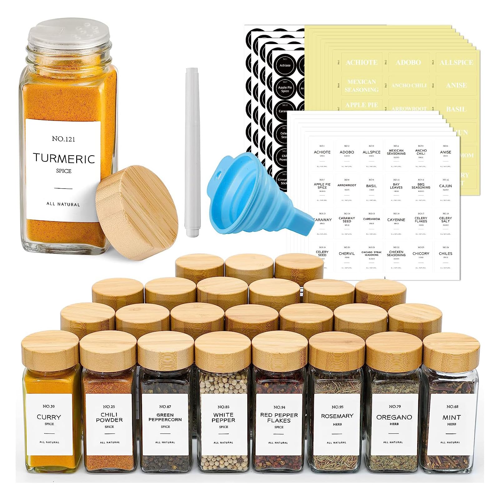 U-HOOME 24 Pcs Glass Spice Jars with Labels and organizer，4oz Empty Square Spice Bottles Containers with Bamboo Lids, Spices Container Set ，Seasoning Storage Bottles, Glass Jar Food Canister