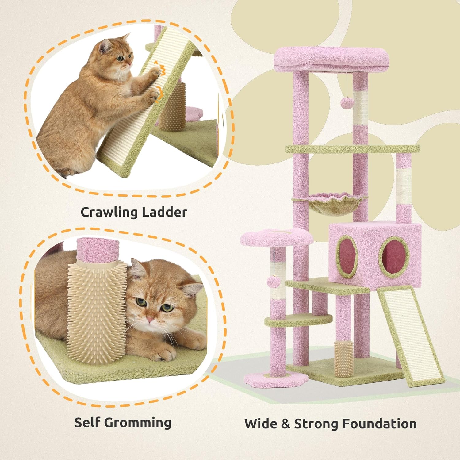 DWVO Flower Cat Tree for Large Cats: 61" Tall with Self-Grooming Brush, Cute Kitten Climbing Tower for Indoor Kittens with Cat Condo, Top Perch, Basktet, Sisal Scratching Posts, Dangling Ball