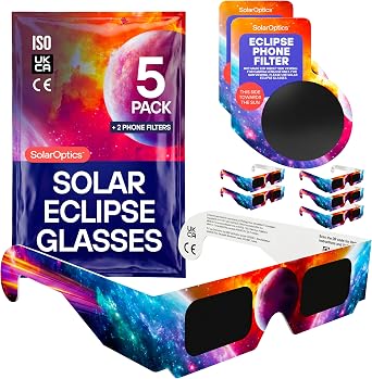 Solar Eclipse Glasses 5 Pack with 2 Phone Filters – ISO 12312-2 & CE Certified Sun Viewing Glasses + Smartphone Filters, Eclipse 2026 Kit