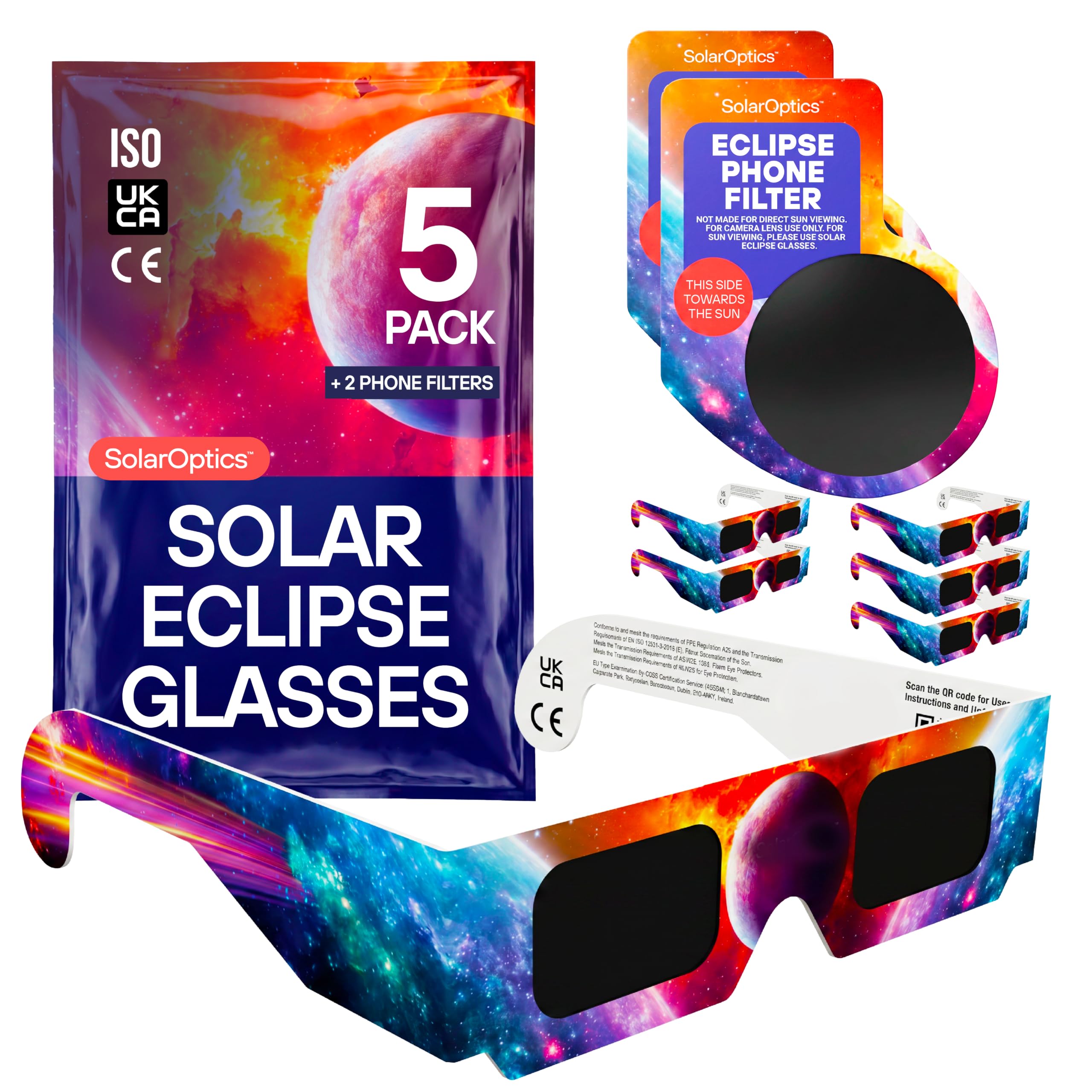 Solar Eclipse Glasses 5 Pack with 2 Phone Filters – ISO 12312-2 & CE Certified Sun Viewing Glasses + Smartphone Filters, Eclipse 2026 Kit