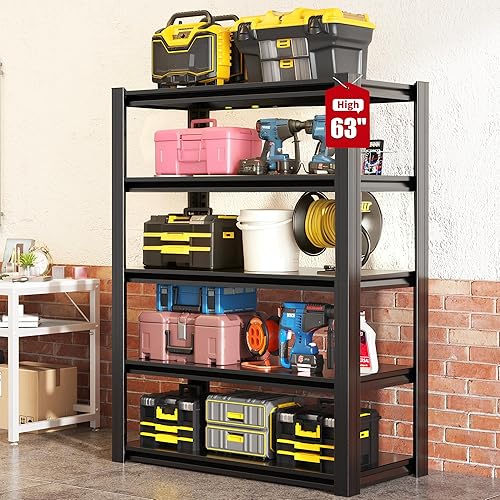 Estantería de garaje resistente de 63 pulgadas de alto, estantes de almacenamiento de metal, estantería de metal ajustable de 5 niveles, estante