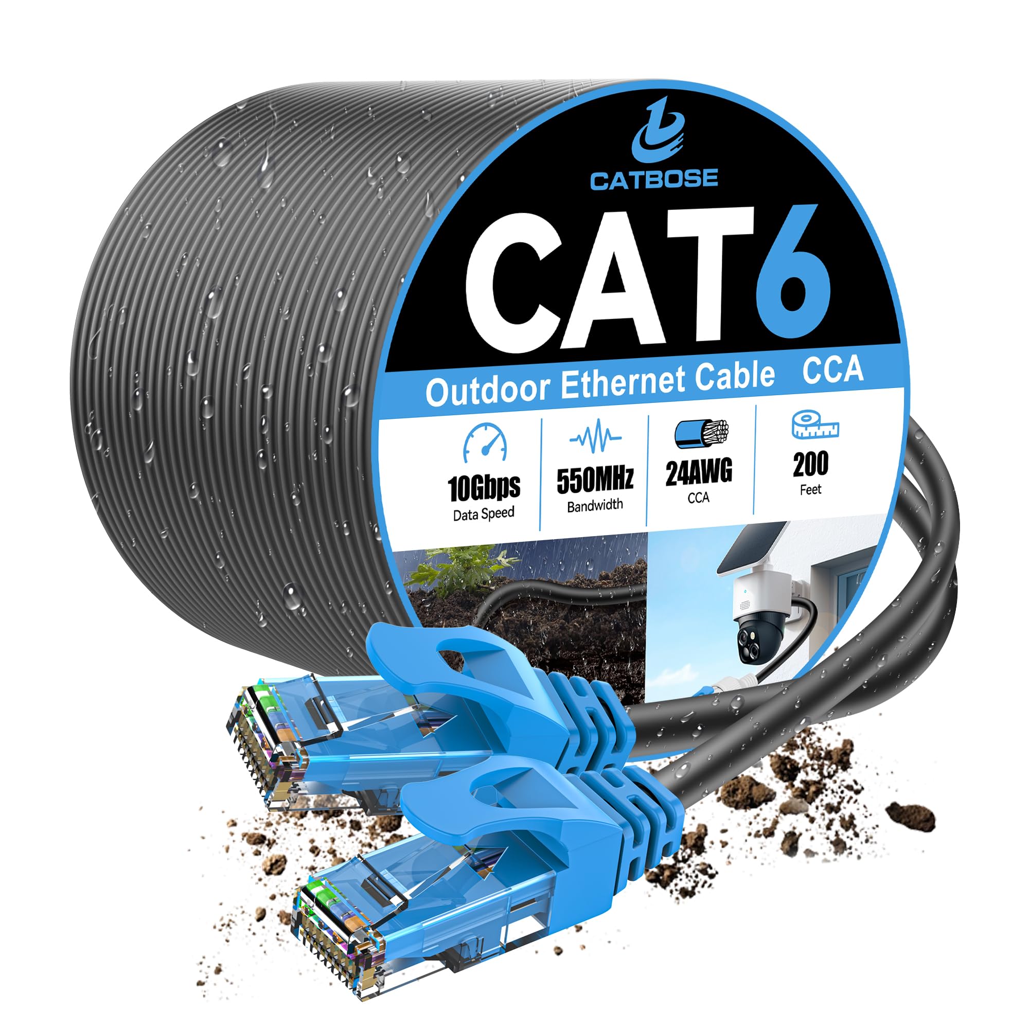 Câble Ethernet extérieur Cat6 de 60 m, enterré direct, robuste à enfouissement direct, cordon solide CCA 24 AWG, POE, UTP, imperméable, résistant aux UV, réseau, Internet, LAN, câble de