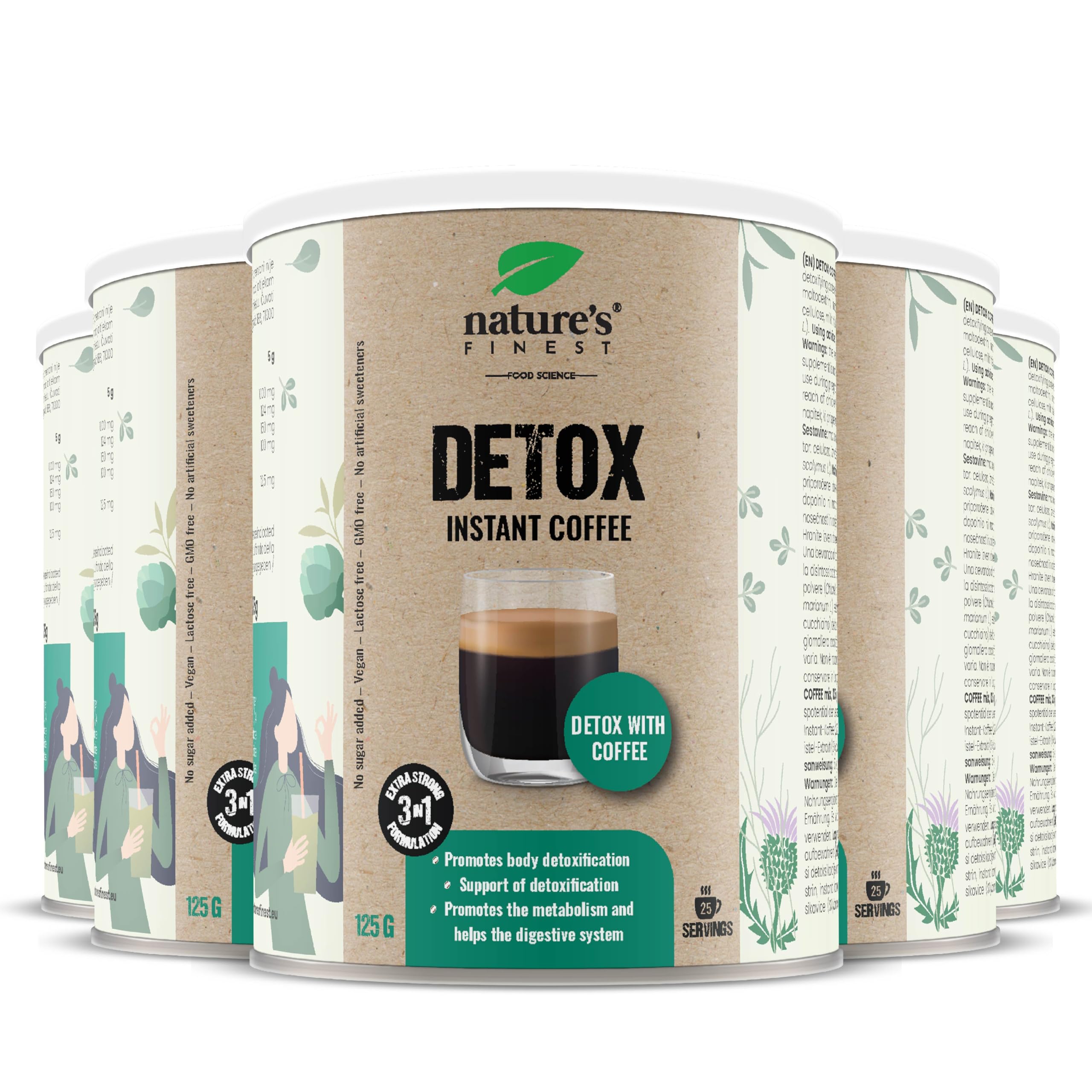 Nature's Finest Detox Coffee, Instant-Kaffee 625 g (5er Pack) | Instant-Kaffee (20 % Arabica) mit Chlorella, Mariendistel- & Artischockenextrakt - vegan, schnell aufgegossen